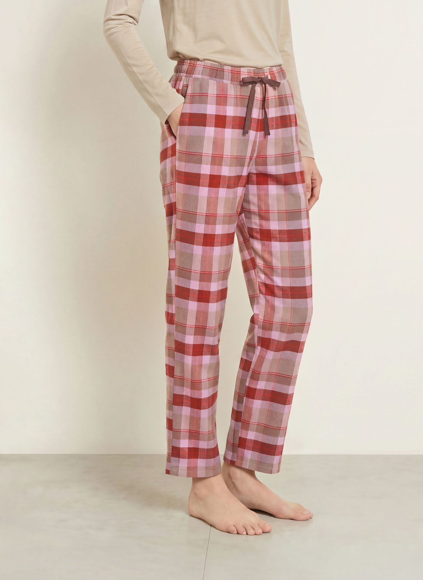 SCHIESSER Pyjamabroek van flanel: DONKERROOD / LICHTBRUIN / LICHTPAARS