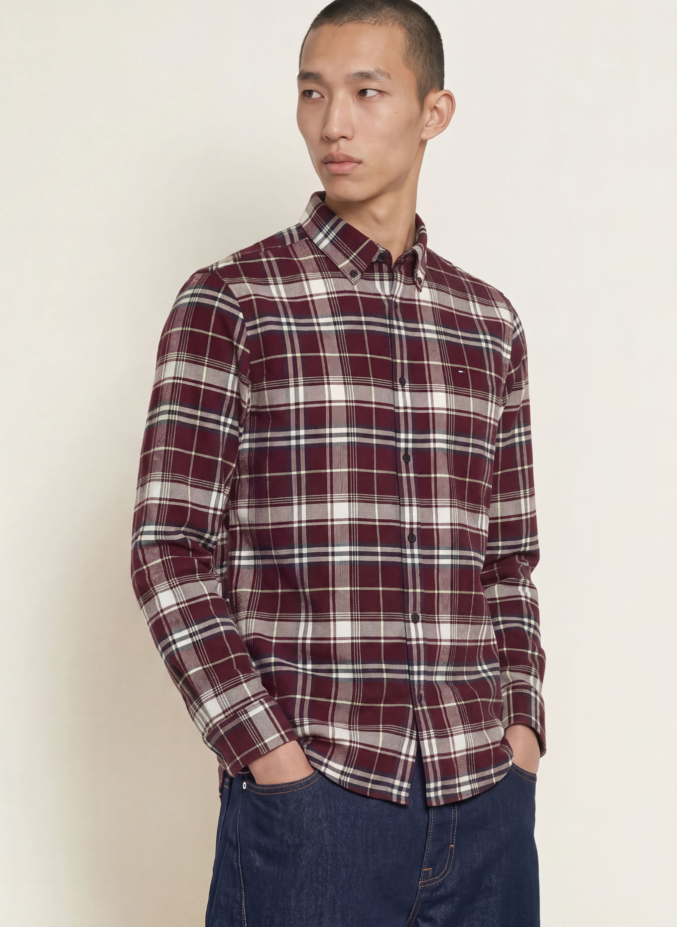 TOMMY JEANS Flanell-Overshirt Comfort Fit: DUNKELROT / MINT / WEISS
