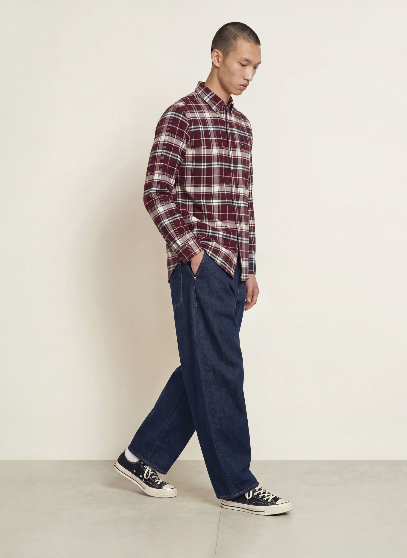 TOMMY JEANS Flanell-Overshirt Comfort Fit: DUNKELROT / MINT / WEISS