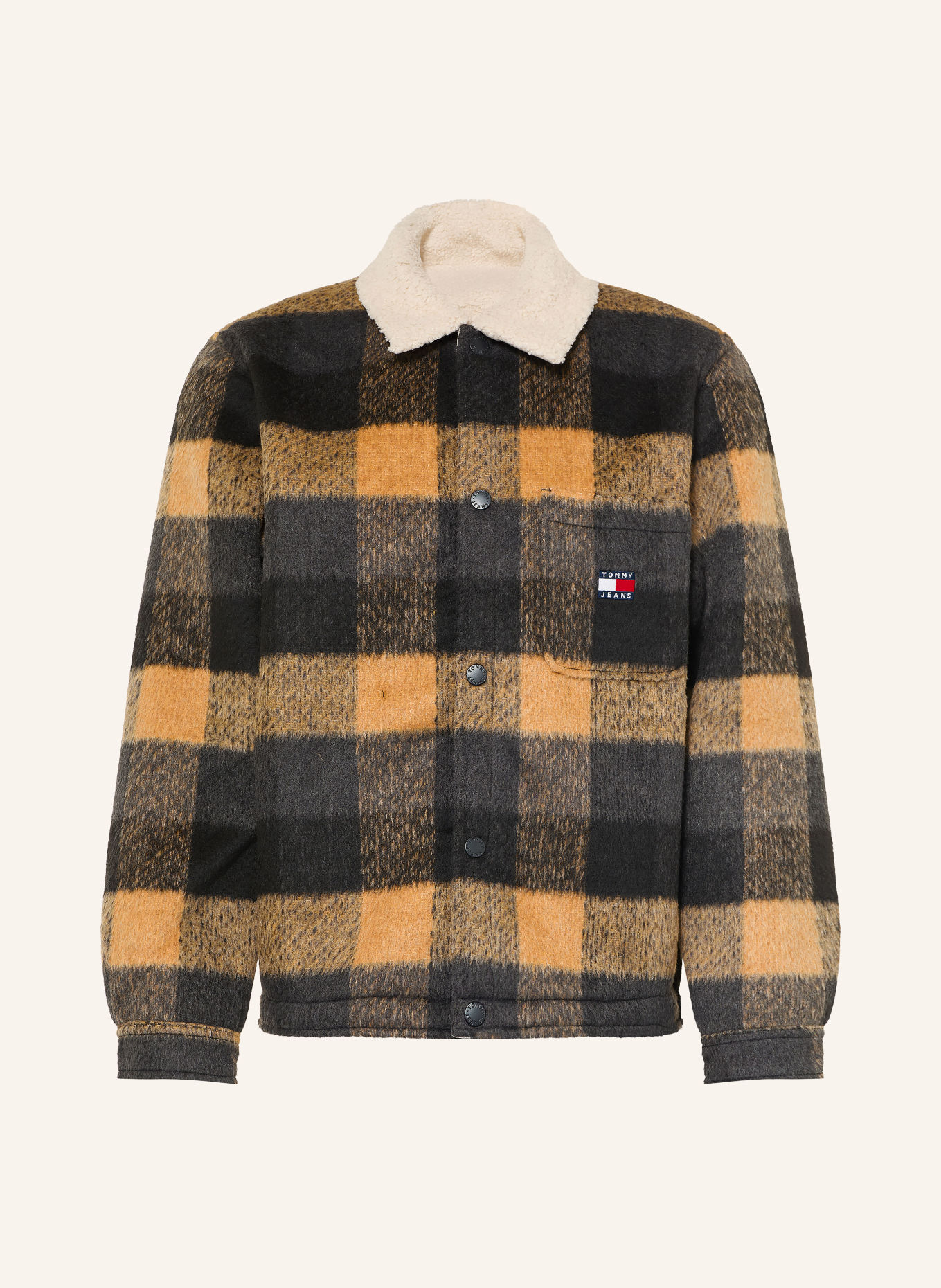 TOMMY JEANS Jachetă cu blană de teddy: NEGRU / CAMEL / GRI ÎNCHIS