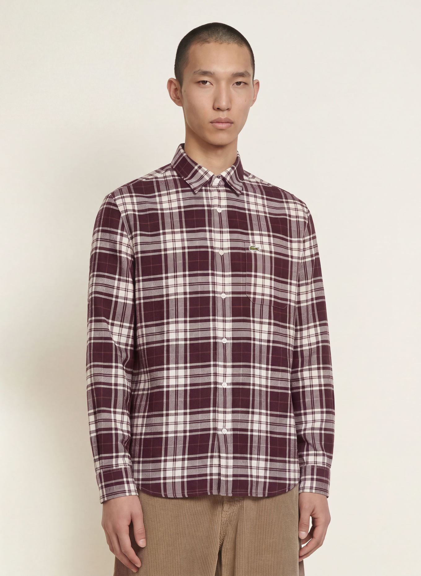 LACOSTE Koszula flanelowa o kroju Regular Fit: CIEMNOCZERWONY / KHAKI / BIAŁY
