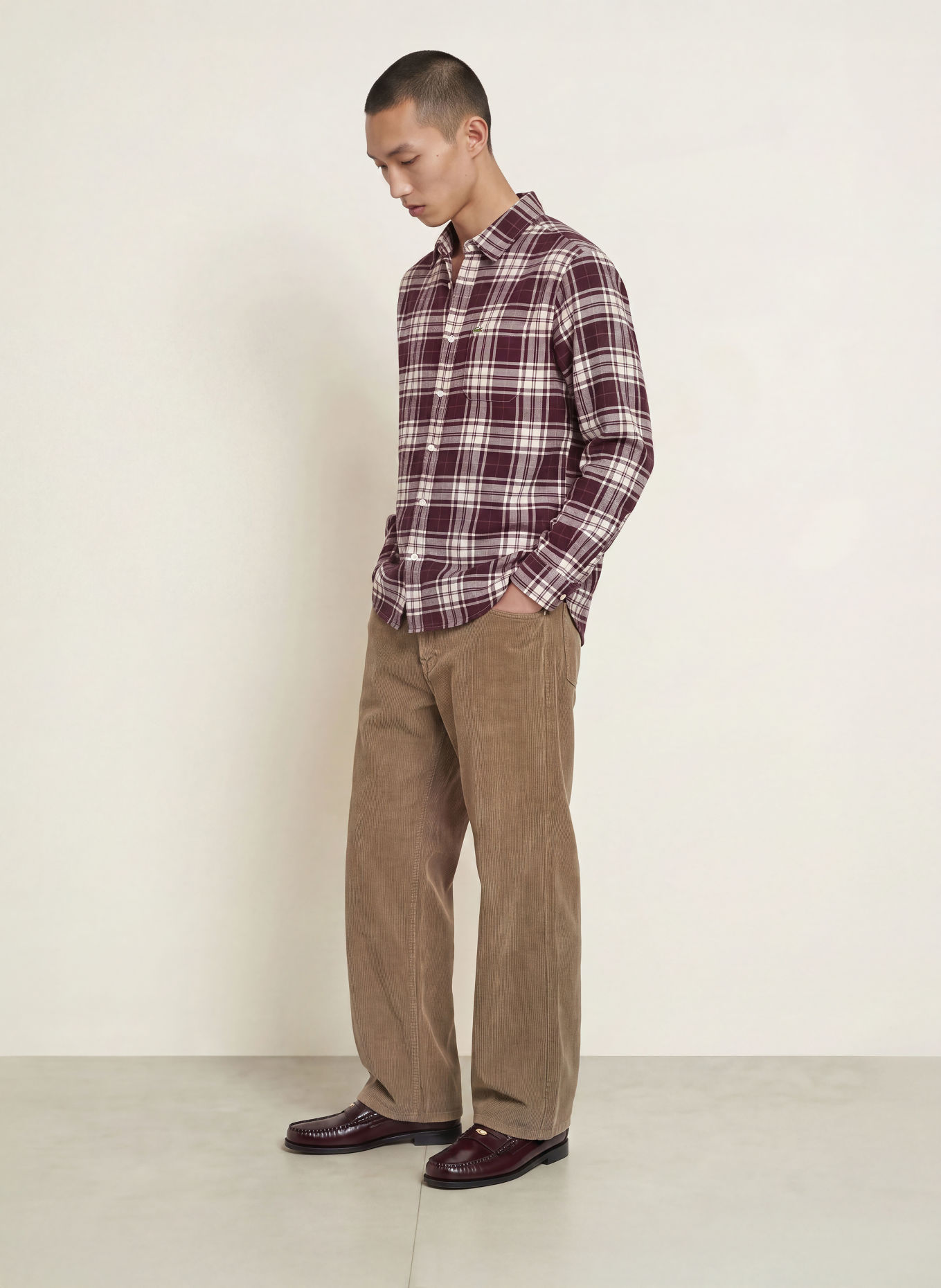 LACOSTE Koszula flanelowa o kroju Regular Fit: CIEMNOCZERWONY / KHAKI / BIAŁY