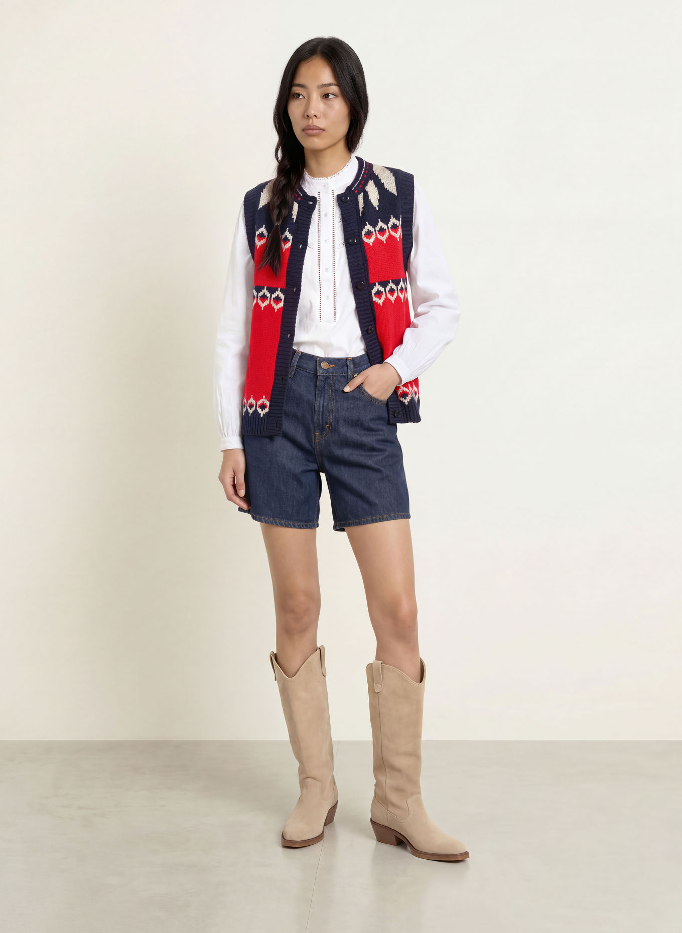 lollys laundry Gilet en maille CLEOLL: ROUGE / CRÈME / BLEU FONCÉ