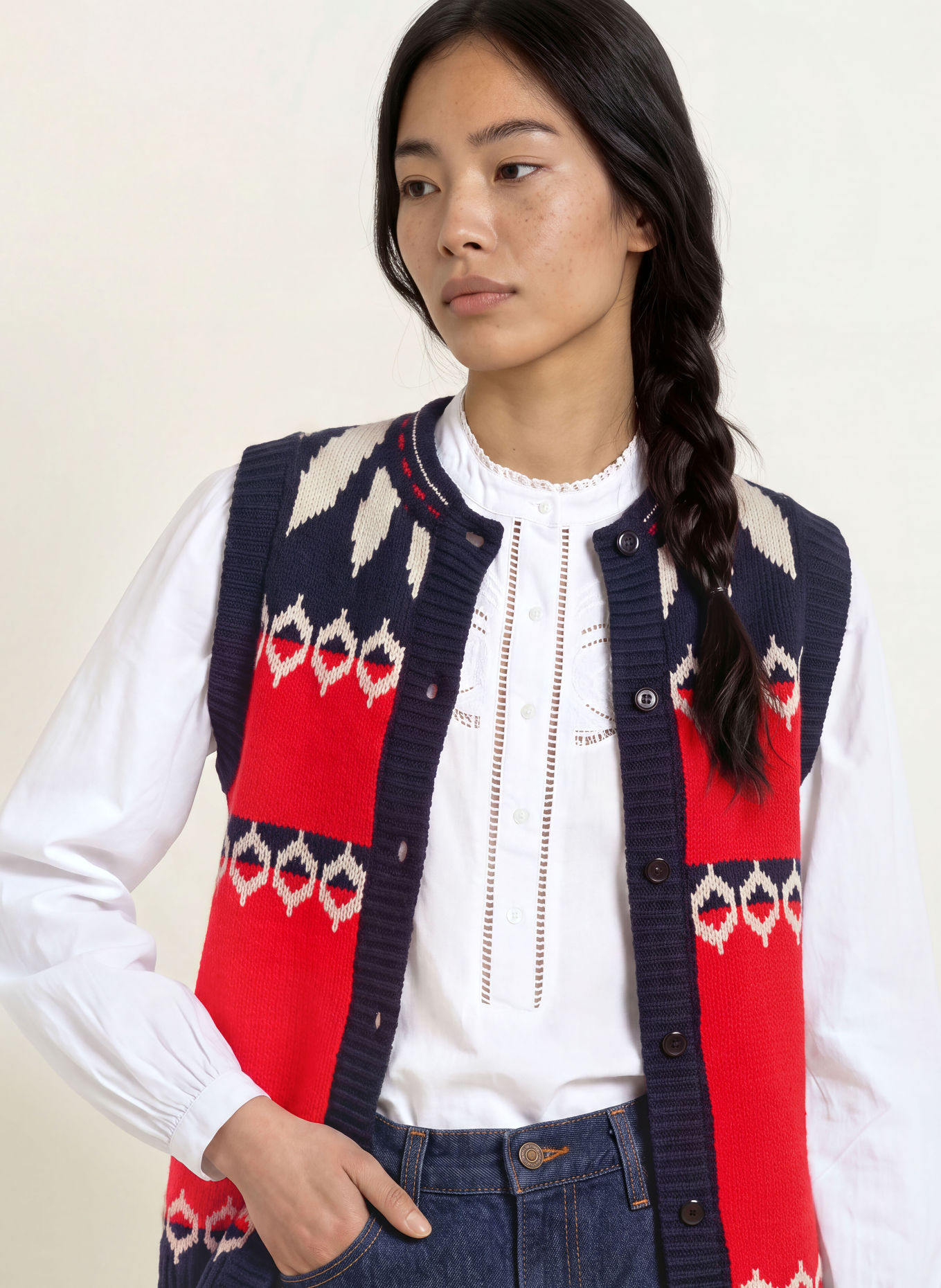 lollys laundry Gilet en maille CLEOLL: ROUGE / CRÈME / BLEU FONCÉ