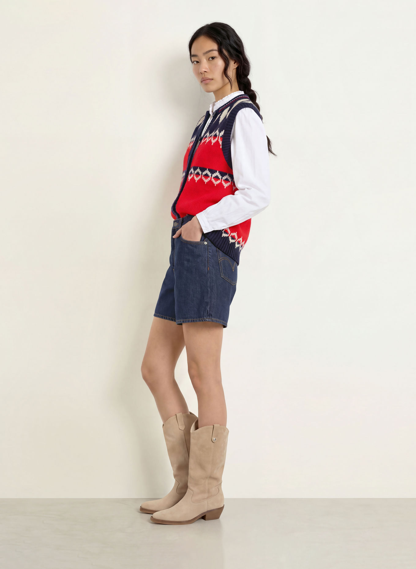 lollys laundry Gilet en maille CLEOLL: ROUGE / CRÈME / BLEU FONCÉ