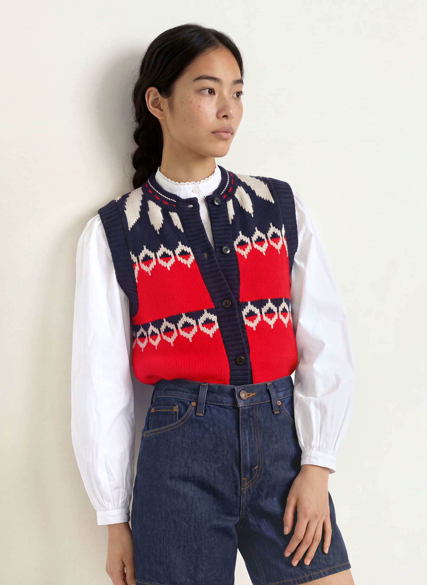 lollys laundry Gilet en maille CLEOLL: ROUGE / CRÈME / BLEU FONCÉ