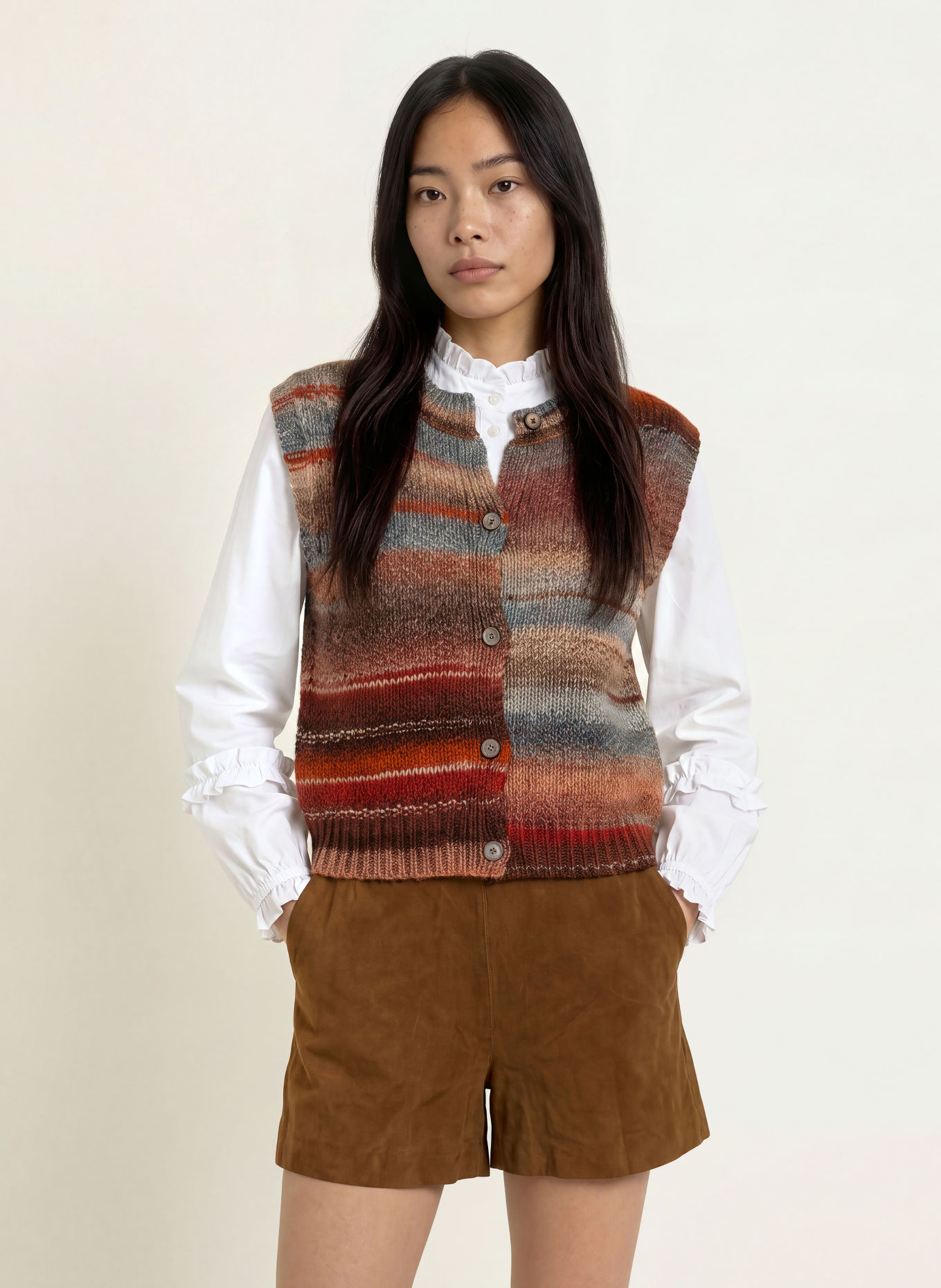 lollys laundry NYNNELL Knit Vest: DARK ORANGE / BEIGE / BLUE GRAY