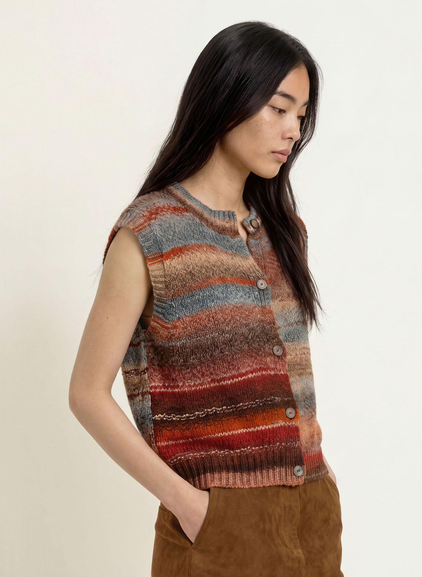 lollys laundry NYNNELL Knit Vest: DARK ORANGE / BEIGE / BLUE GRAY