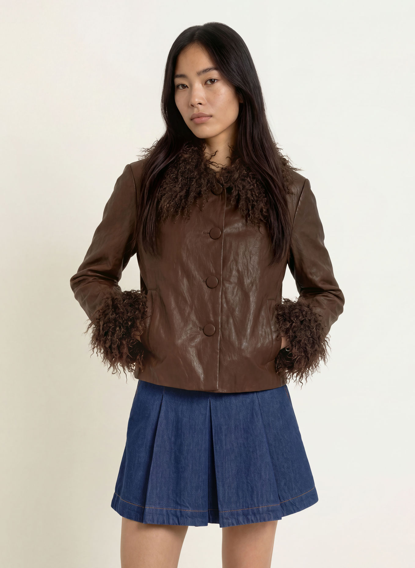 lollys laundry TRACYLL Jacket in Leather-Look with Faux Fur: BROWN