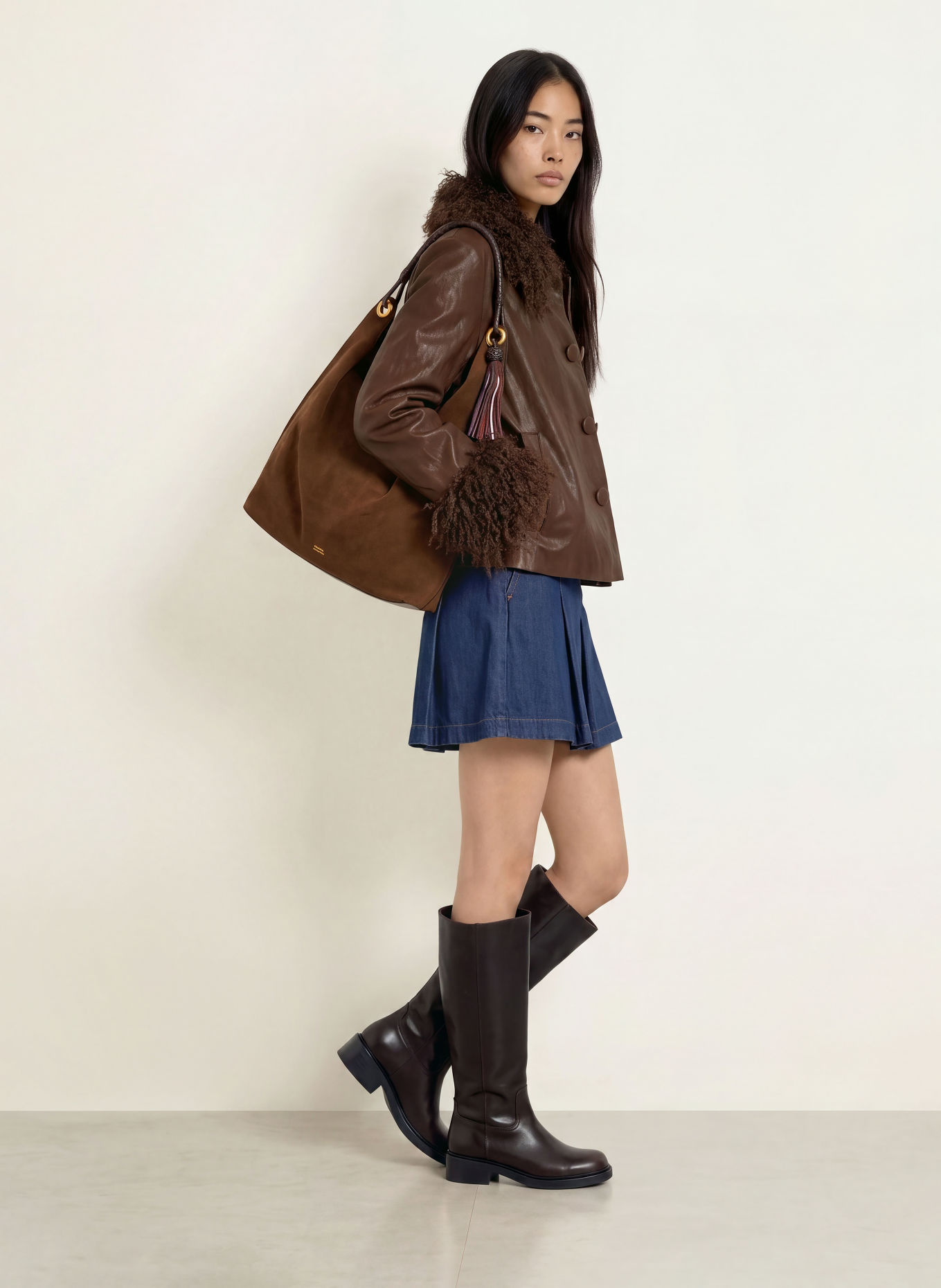 lollys laundry TRACYLL Jacket in Leather-Look with Faux Fur: BROWN