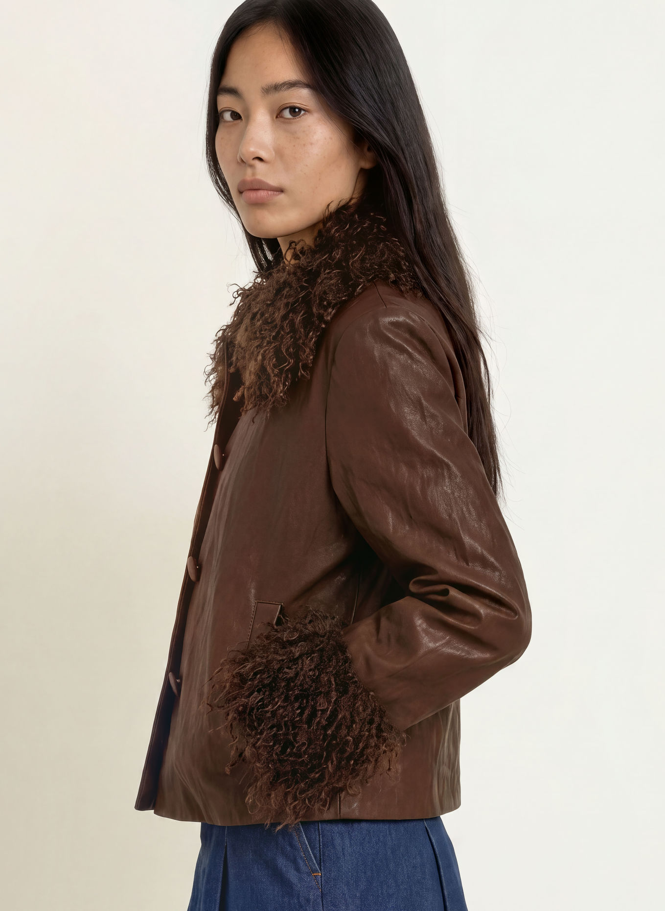 lollys laundry TRACYLL Jacket in Leather-Look with Faux Fur: BROWN