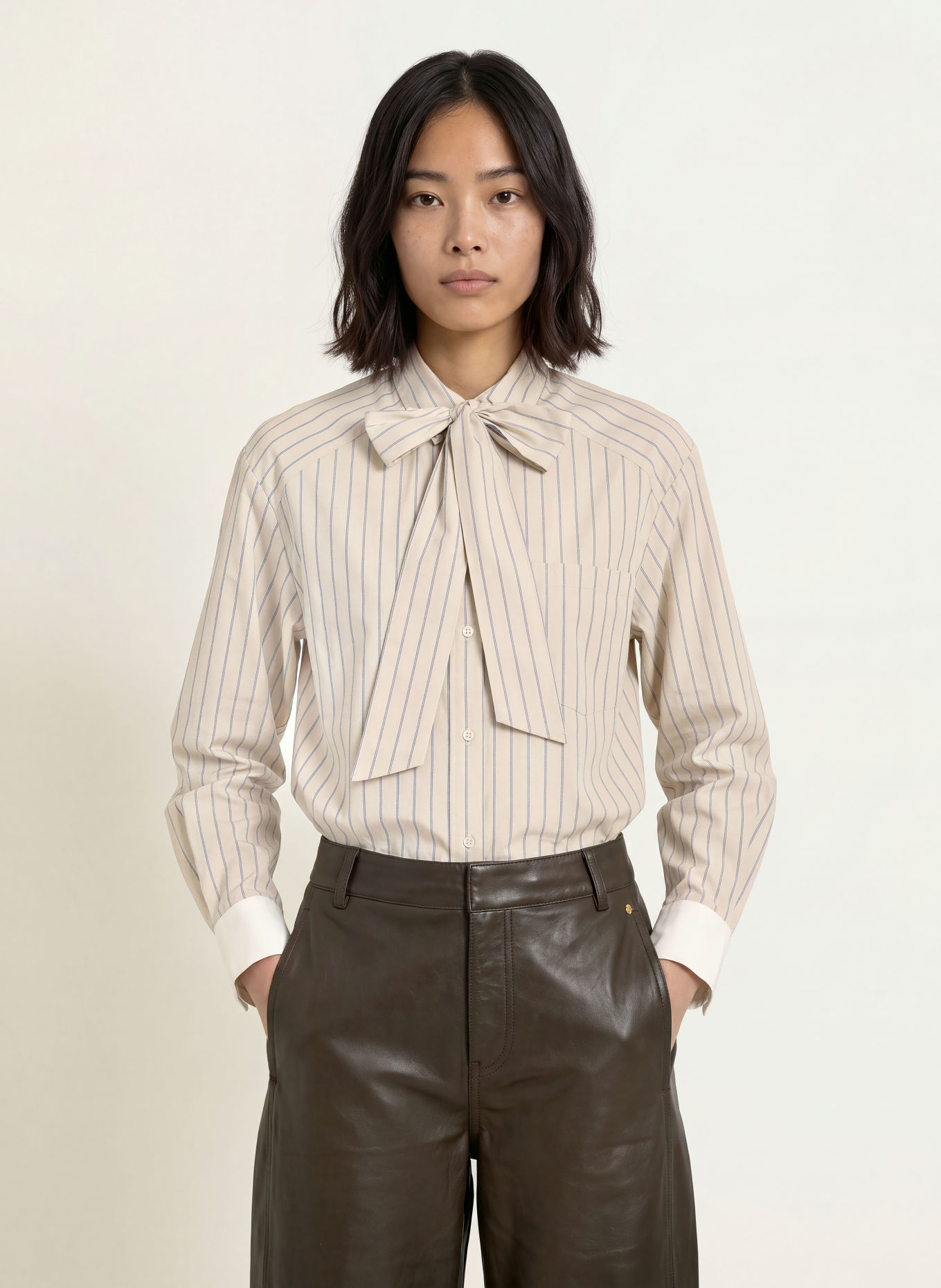MOS MOSH MMKEEVA shirt blouse with detachable bow tie: BEIGE / BLUE / WHITE