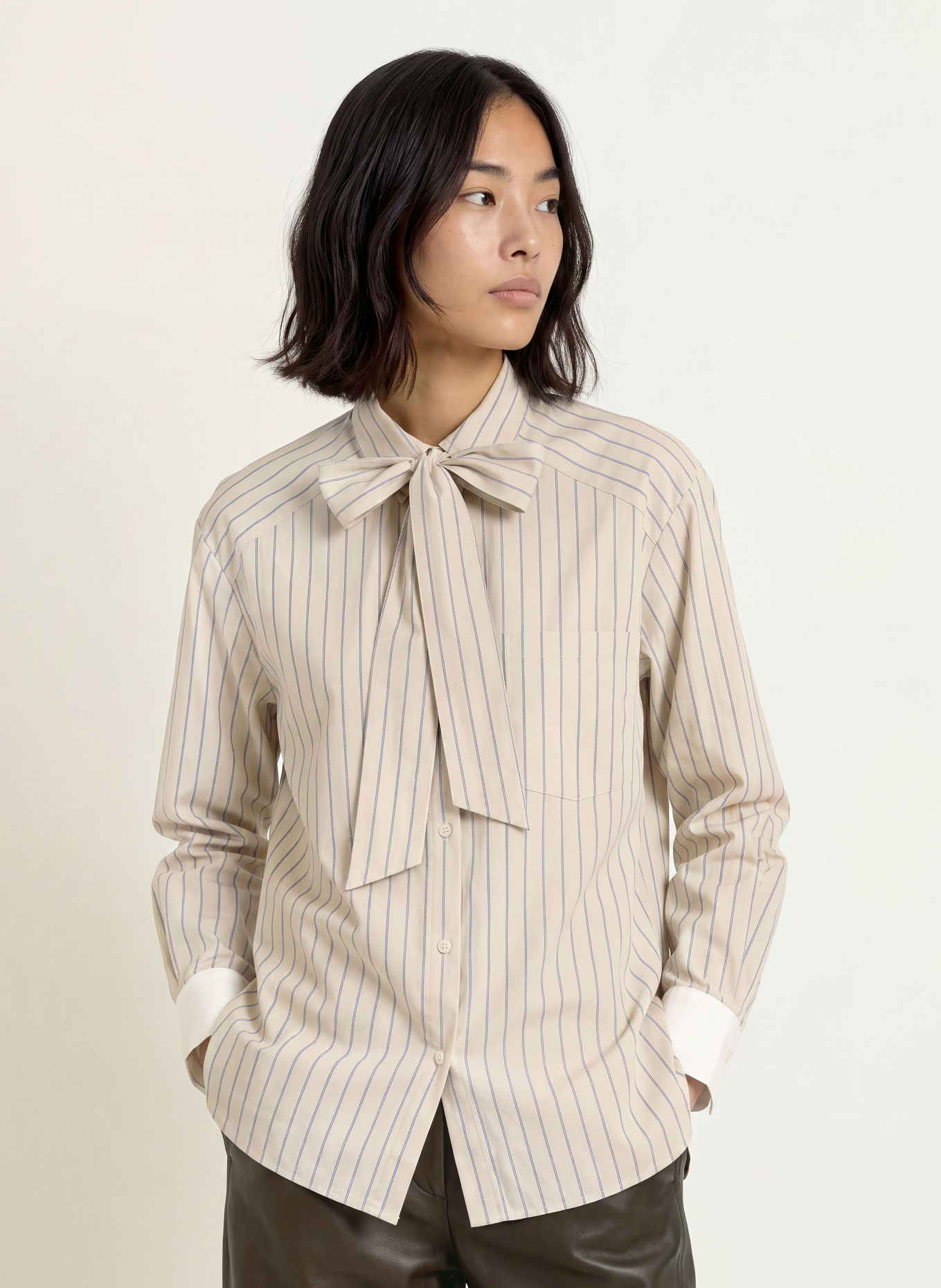 MOS MOSH MMKEEVA shirt blouse with detachable bow tie: BEIGE / BLUE / WHITE