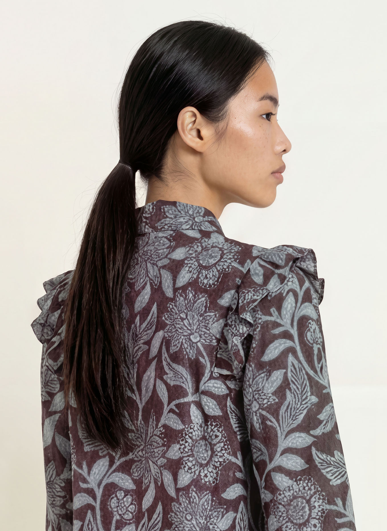 MOS MOSH Chemisier MMDEBBY à manches 3/4 et volants: ROUGE FONCÉ / BLEU CLAIR