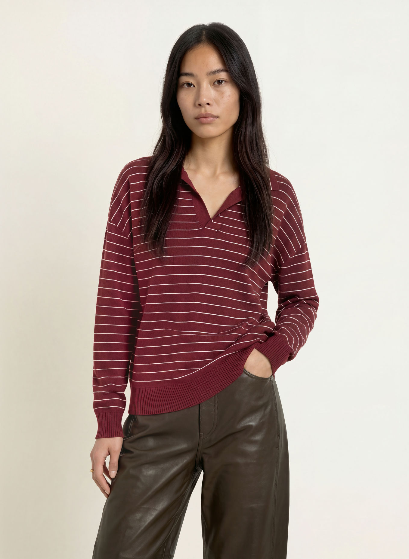 MOS MOSH Gebreid poloshirt MMALIZ: DONKERROOD / ECRU