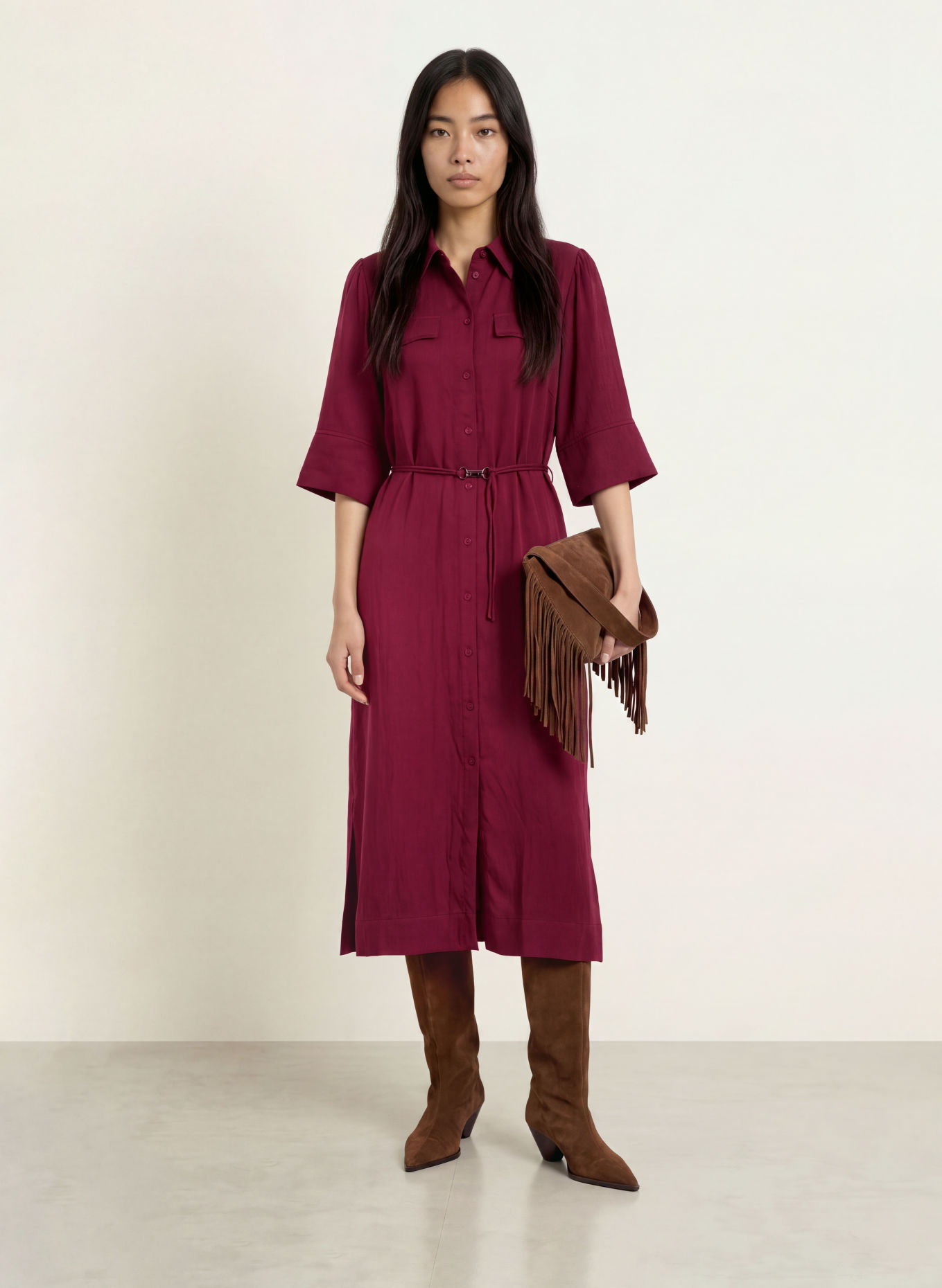 MOS MOSH MMRAYA-blousejurk met 3/4-mouwen: DONKERROOD
