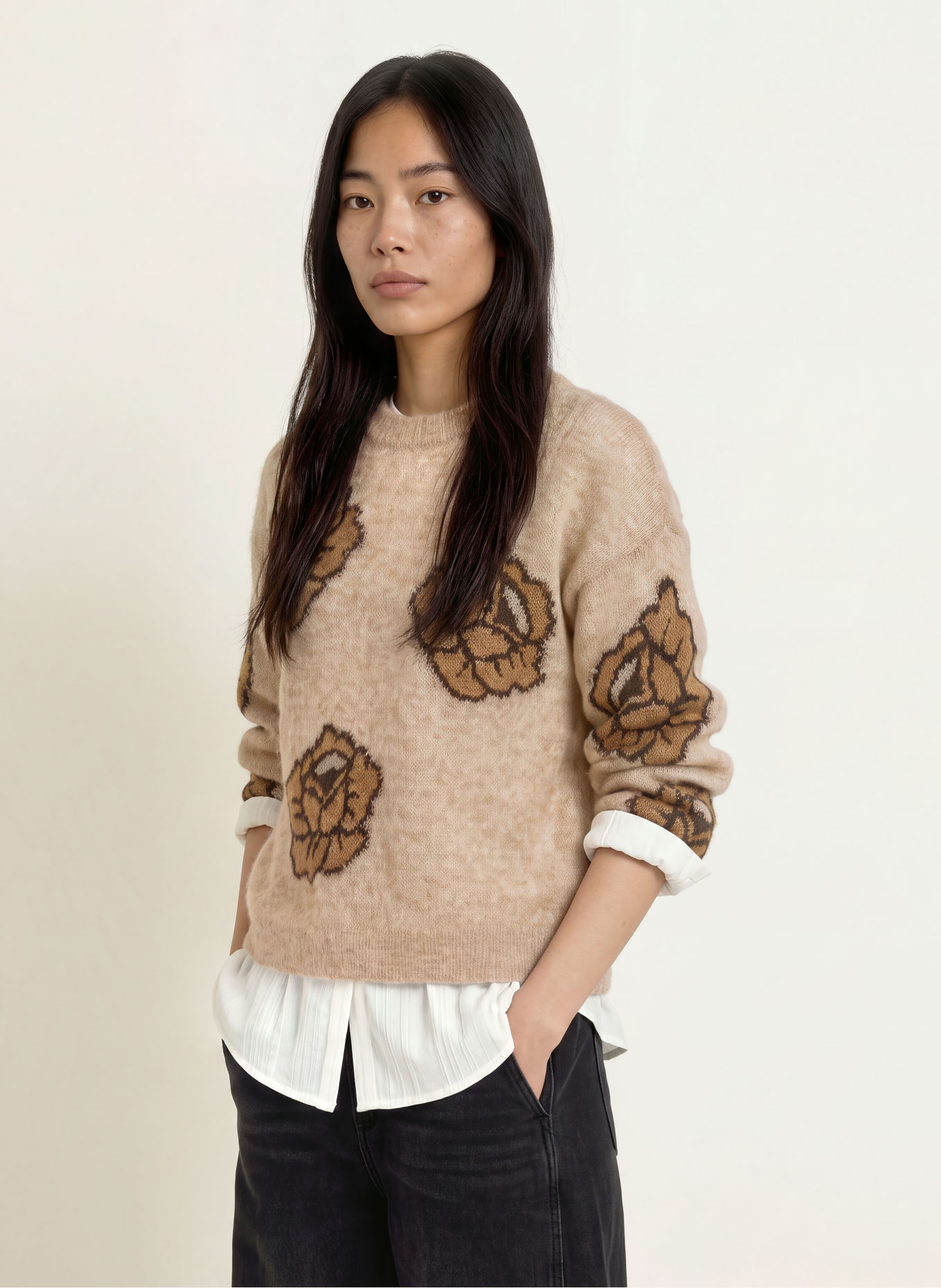 MOS MOSH Trui MMDREA: BEIGE / MARRON FONCÉ / BRUIN