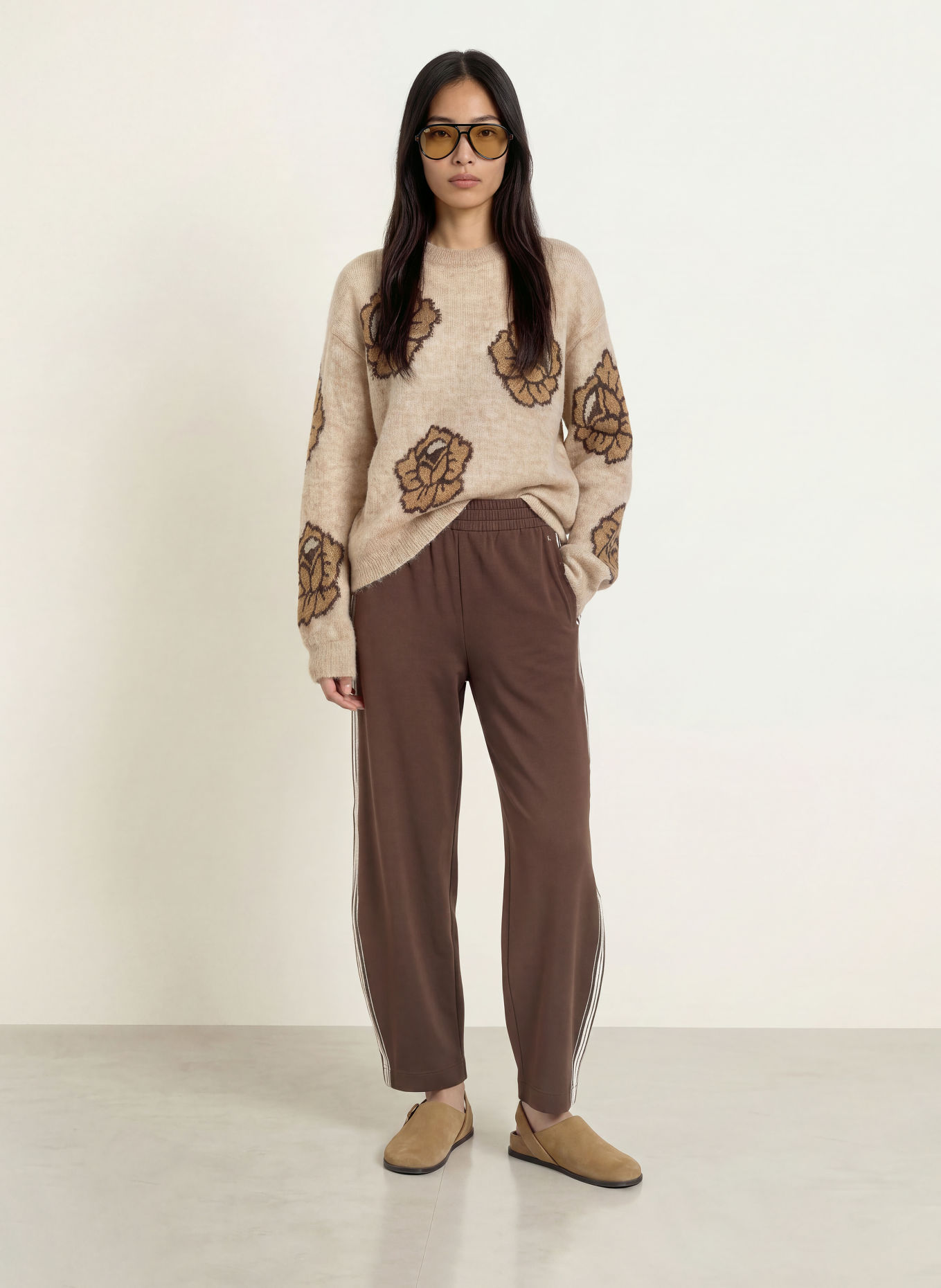 MOS MOSH MMARDIE-Sweatpant met galonstrepen: MARRON FONCÉ / LICHTBLAUW / WIT