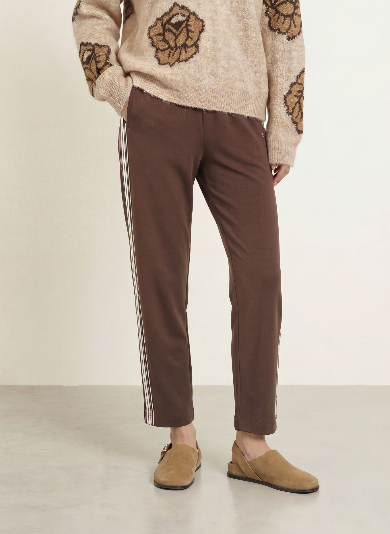 MOS MOSH MMARDIE-Sweatpant met galonstrepen: MARRON FONCÉ / LICHTBLAUW / WIT