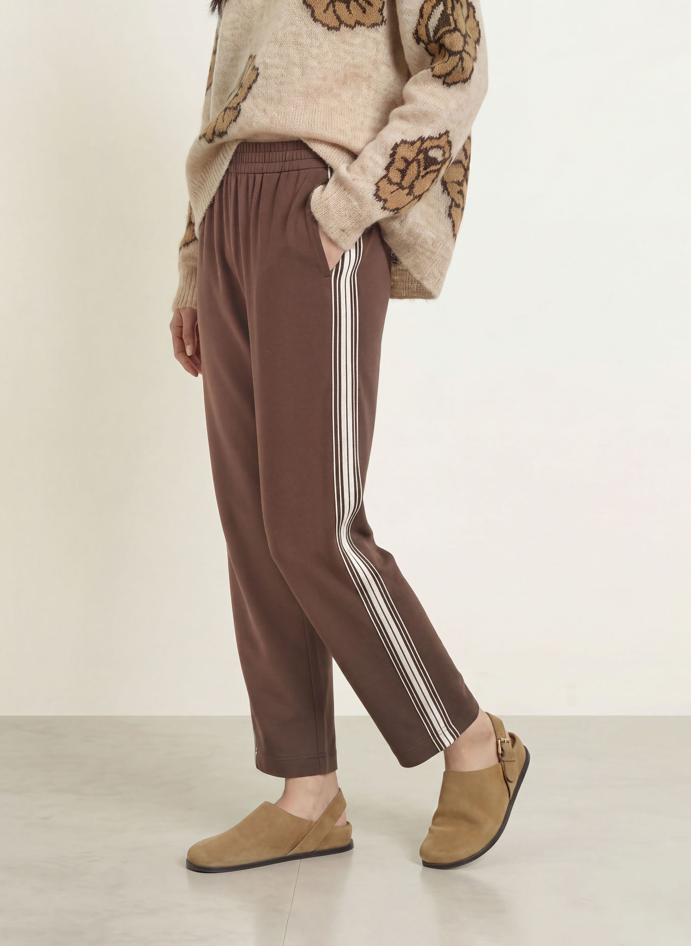 MOS MOSH MMARDIE-Sweatpant met galonstrepen: MARRON FONCÉ / LICHTBLAUW / WIT