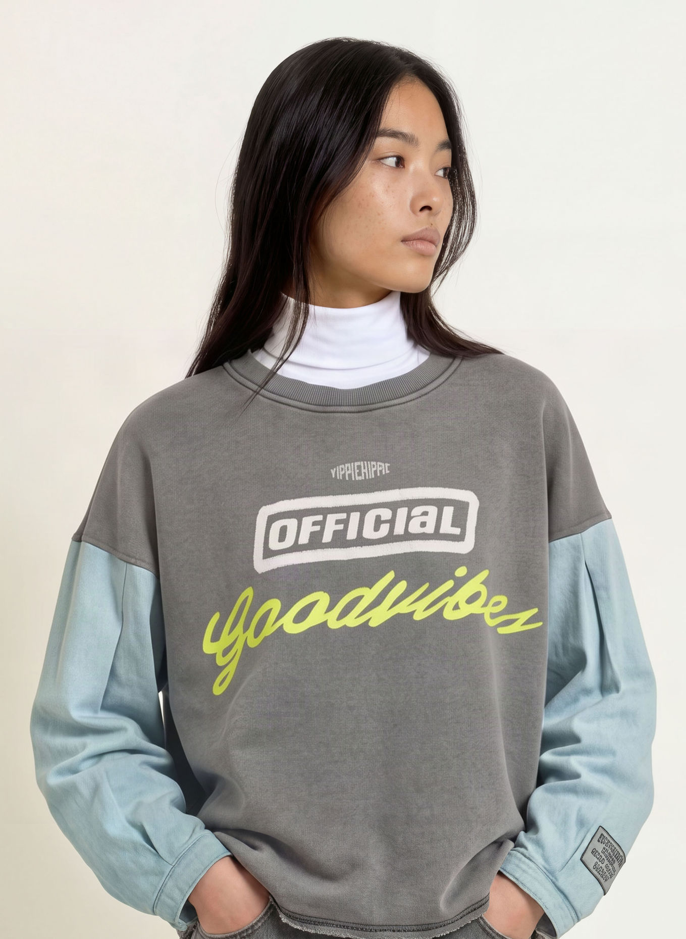 yippie hippie Sweatshirt van gemengde stoffen: GRIJS / NEONGEEL / LICHTBLAUW