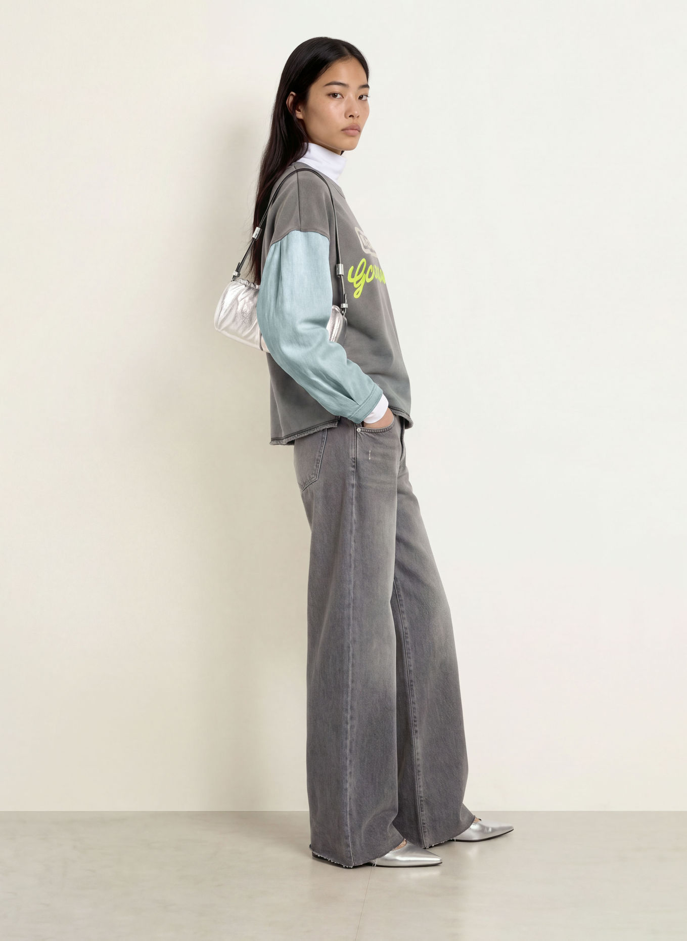 yippie hippie Sweatshirt van gemengde stoffen: GRIJS / NEONGEEL / LICHTBLAUW