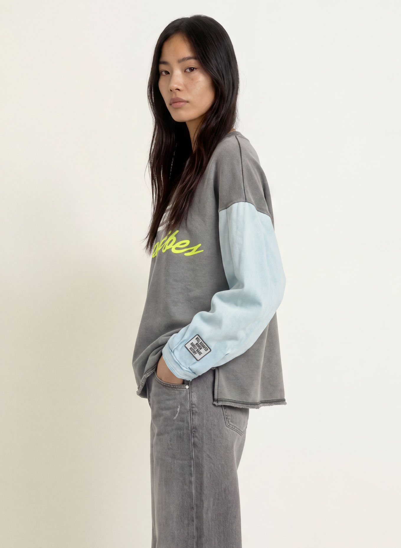 yippie hippie Sweatshirt van gemengde stoffen: GRIJS / NEONGEEL / LICHTBLAUW