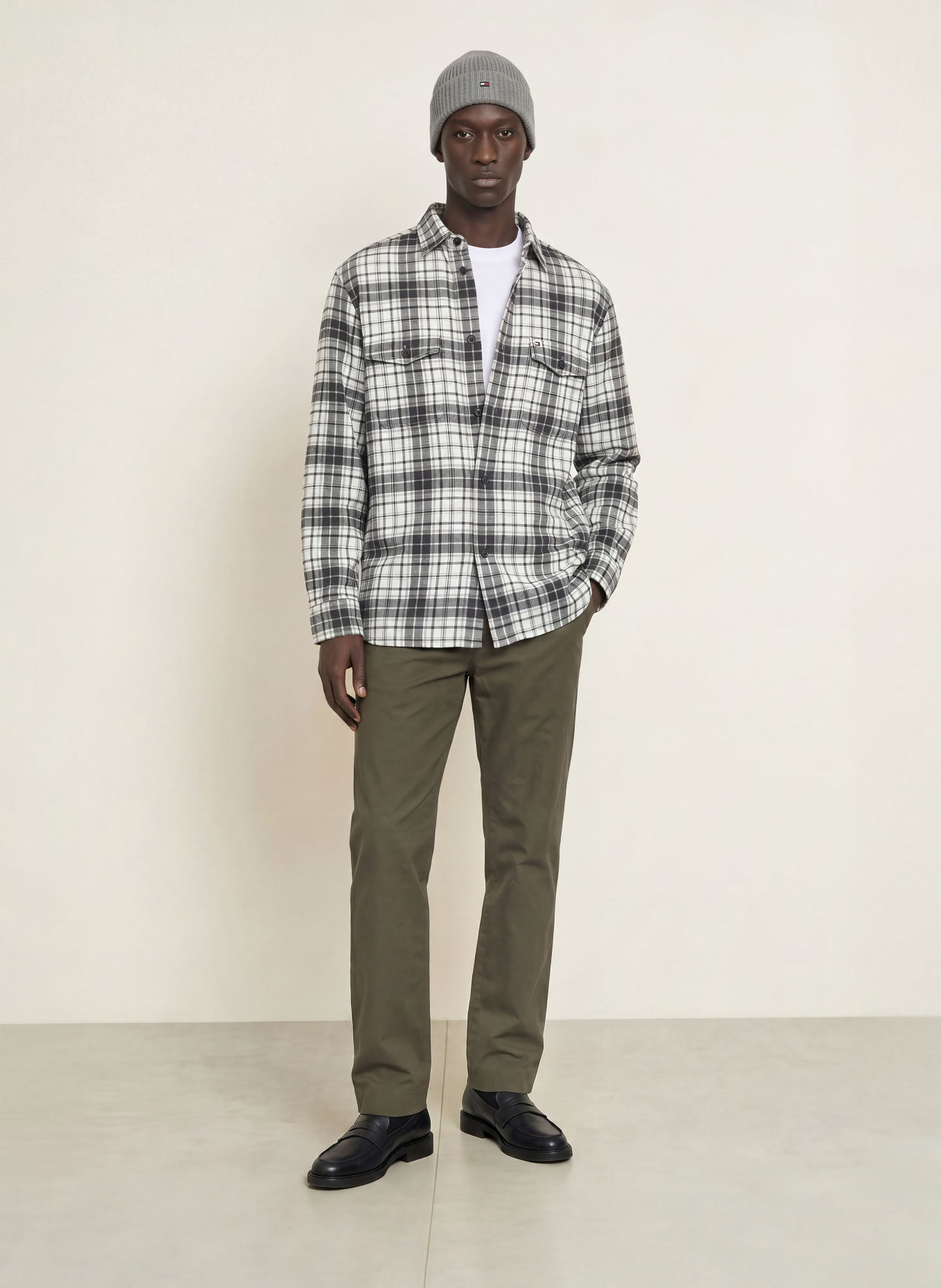 TOMMY HILFIGER Classic Fit Flannel Shirt: WHITE / DARK GRAY / GRAY