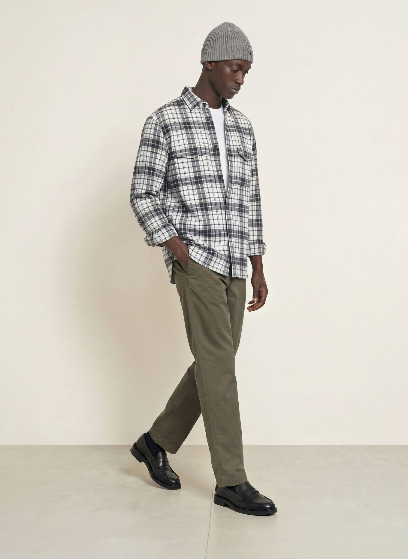TOMMY HILFIGER Classic Fit Flannel Shirt: WHITE / DARK GRAY / GRAY