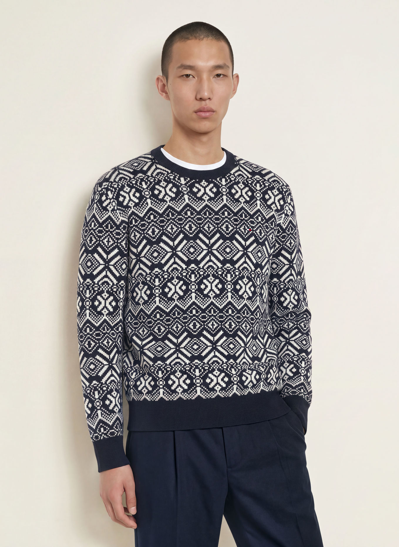 TOMMY HILFIGER Pullover: DUNKELBLAU / ECRU