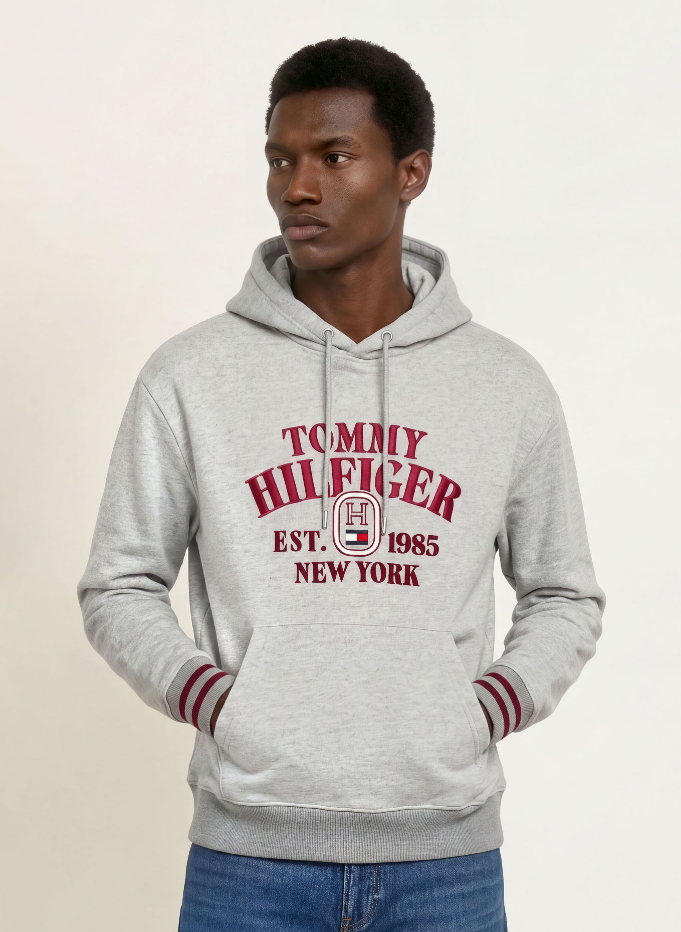 TOMMY HILFIGER Hoodie: GRAY / DARK RED / WHITE