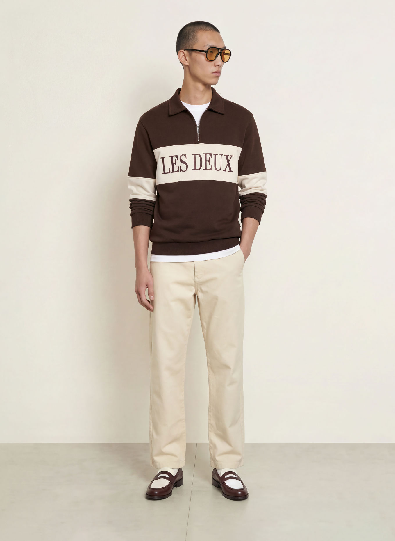 LES DEUX Sweater met halve rits: MARRON FONCÉ / BEIGE