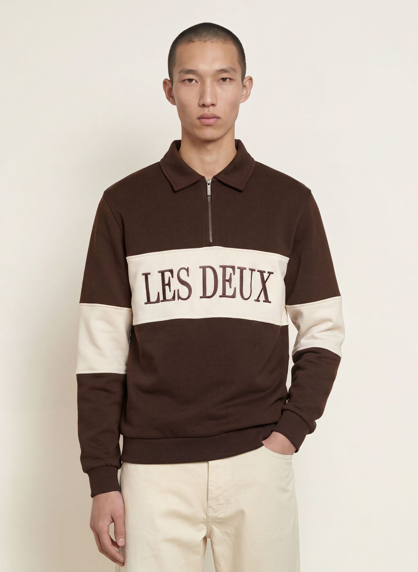 LES DEUX Sweater met halve rits: MARRON FONCÉ / BEIGE