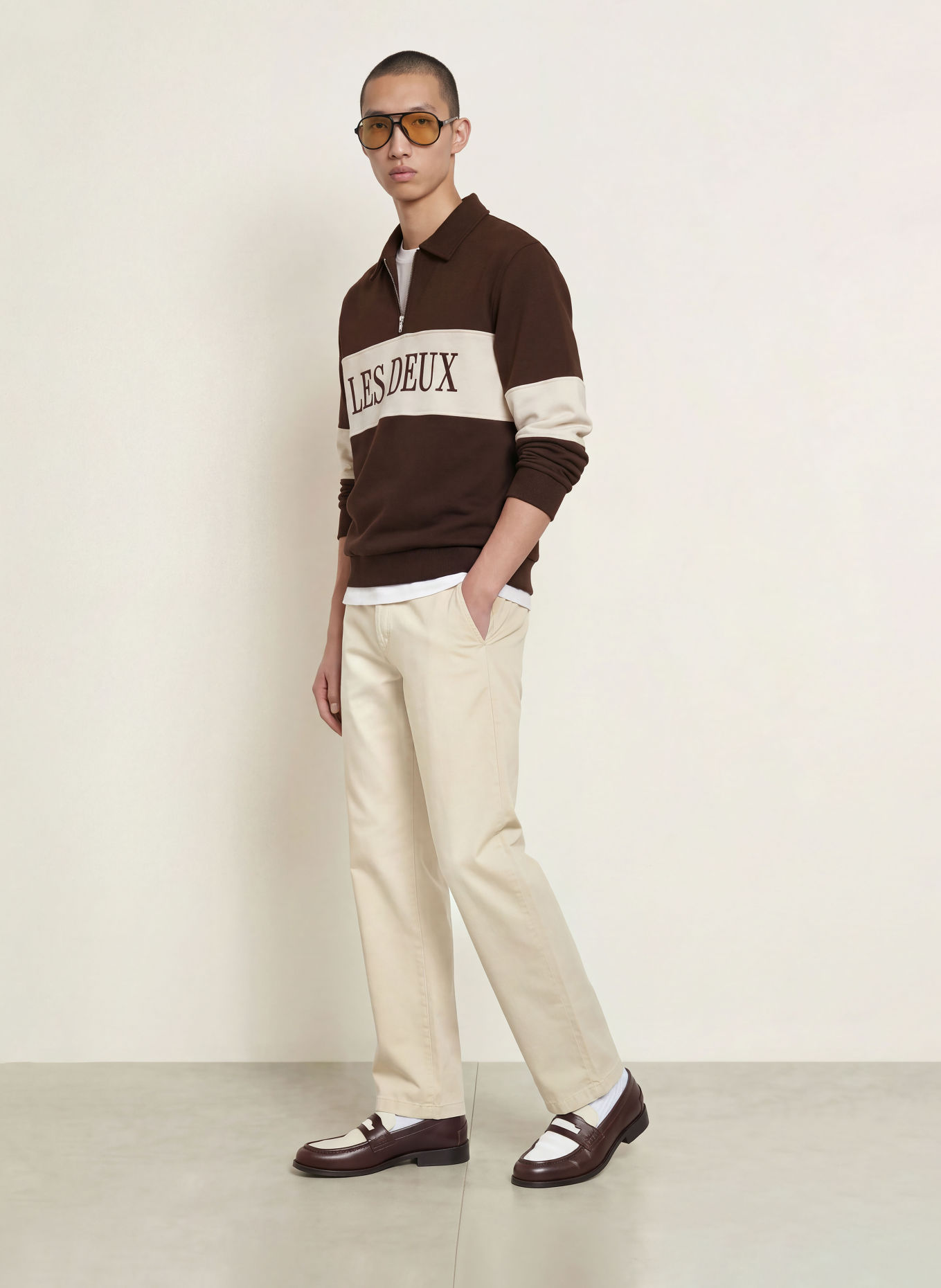 LES DEUX Sweater met halve rits: MARRON FONCÉ / BEIGE