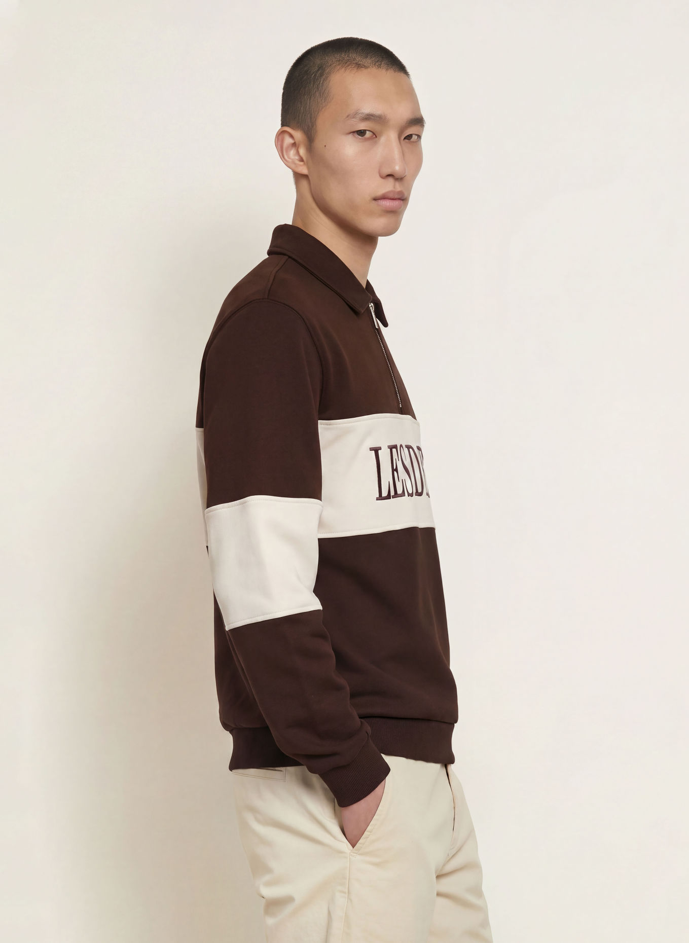LES DEUX Sweater met halve rits: MARRON FONCÉ / BEIGE