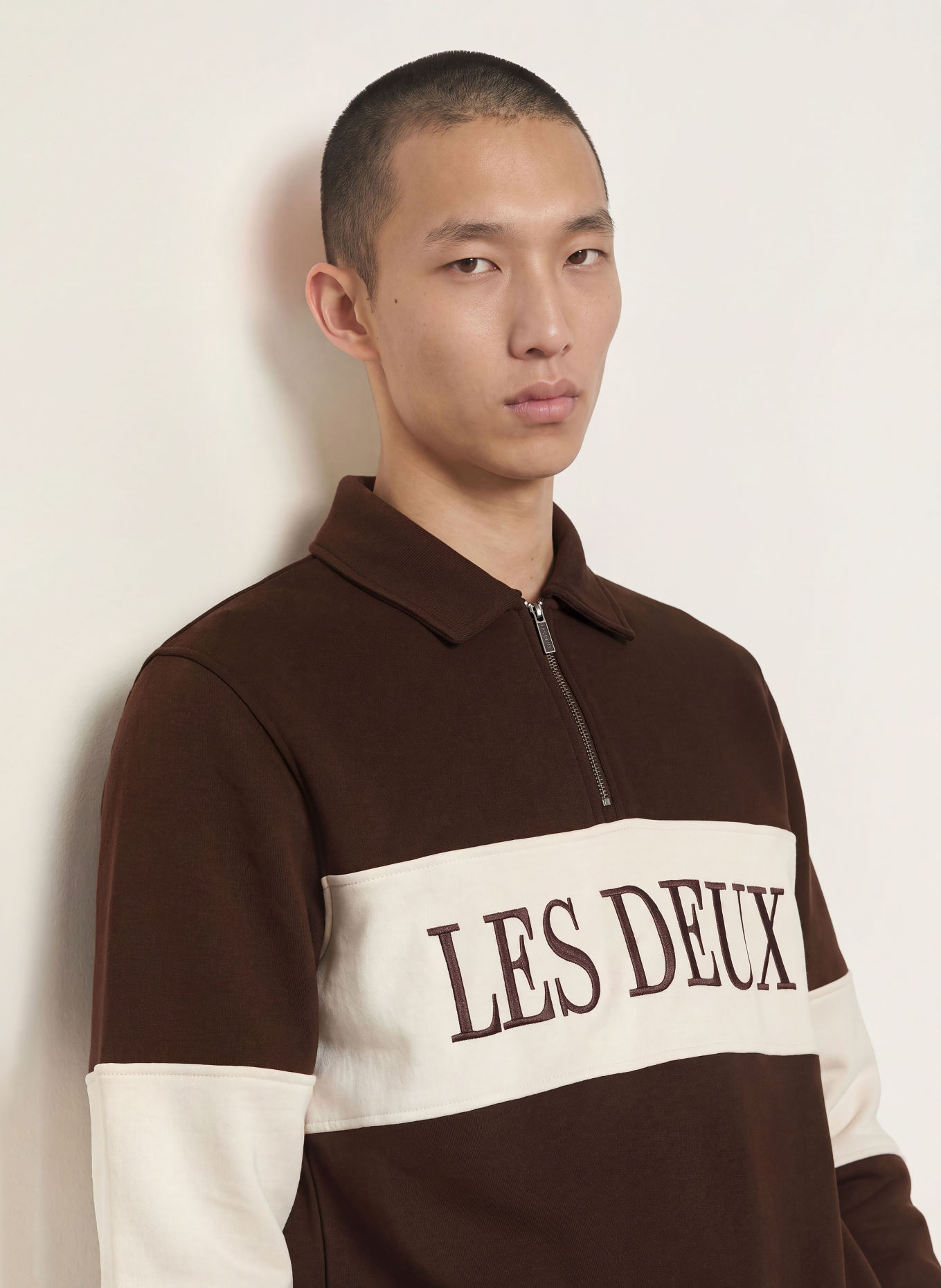 LES DEUX Sweater met halve rits: MARRON FONCÉ / BEIGE