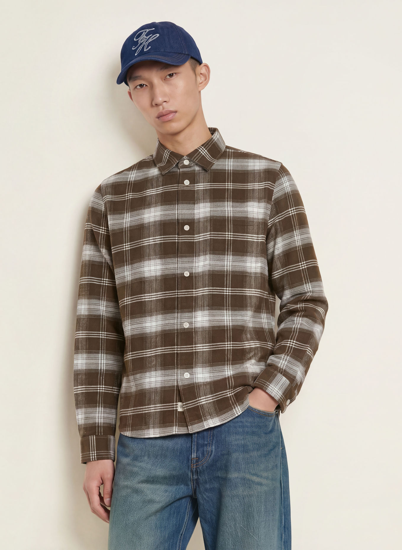 LES DEUX Flanellen overhemd Comfort Fit: MARRON FONCÉ / WIT
