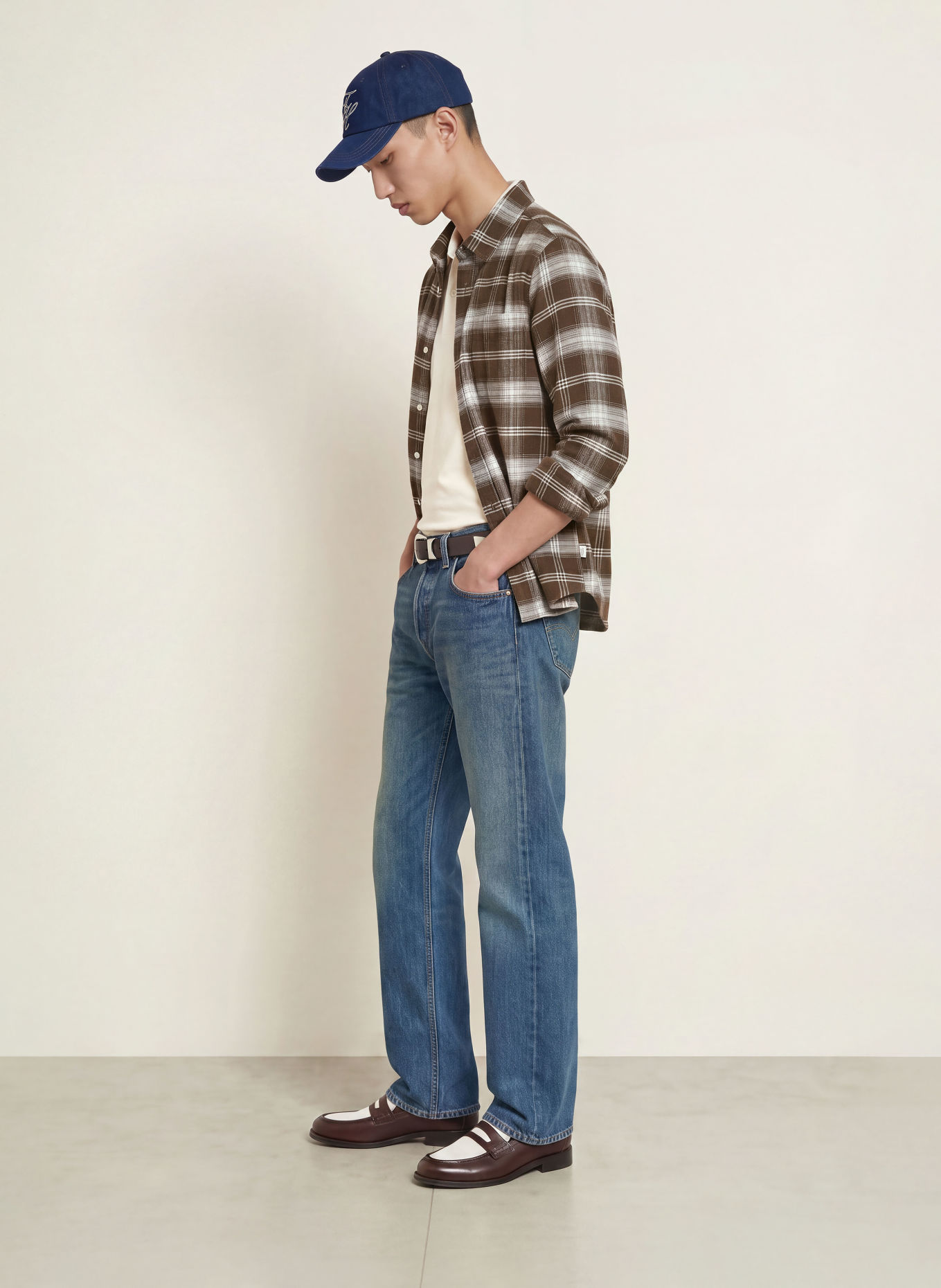 LES DEUX Flanellen overhemd Comfort Fit: MARRON FONCÉ / WIT