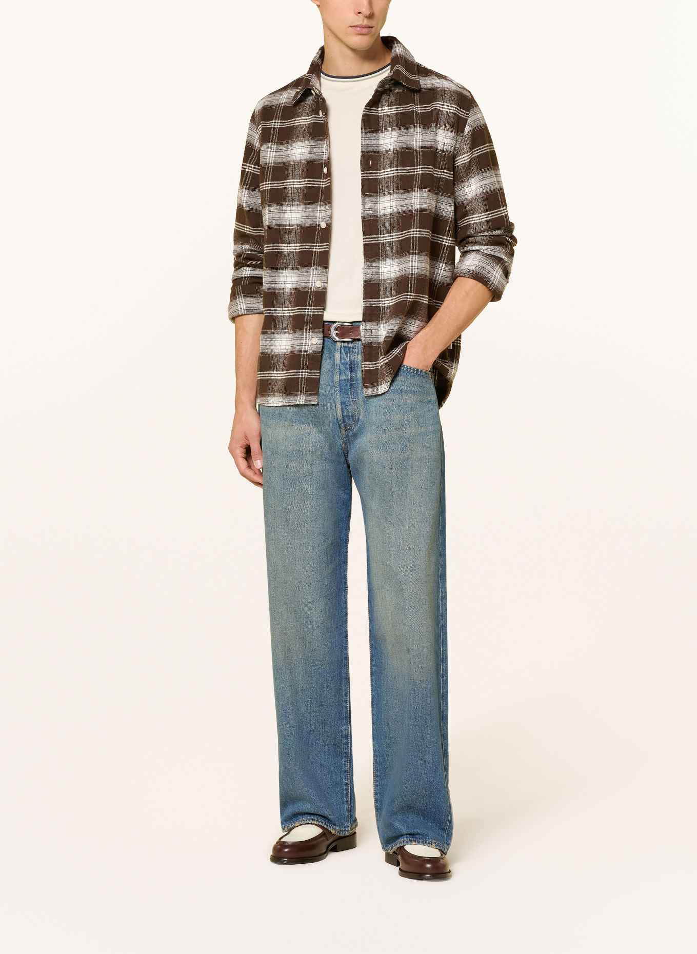 LES DEUX Flanellen overhemd Comfort Fit: MARRON FONCÉ / WIT