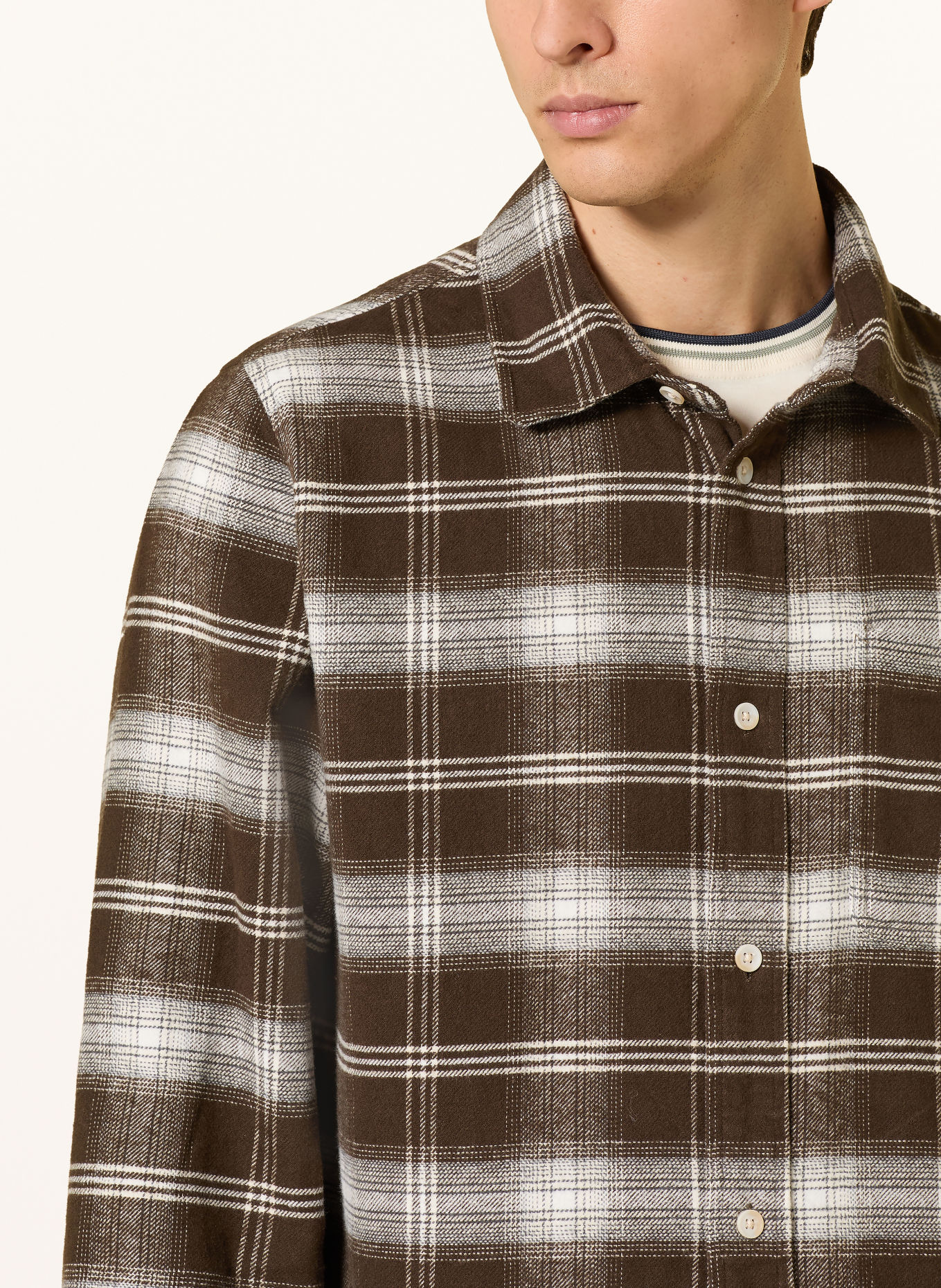 LES DEUX Flanellen overhemd Comfort Fit: MARRON FONCÉ / WIT