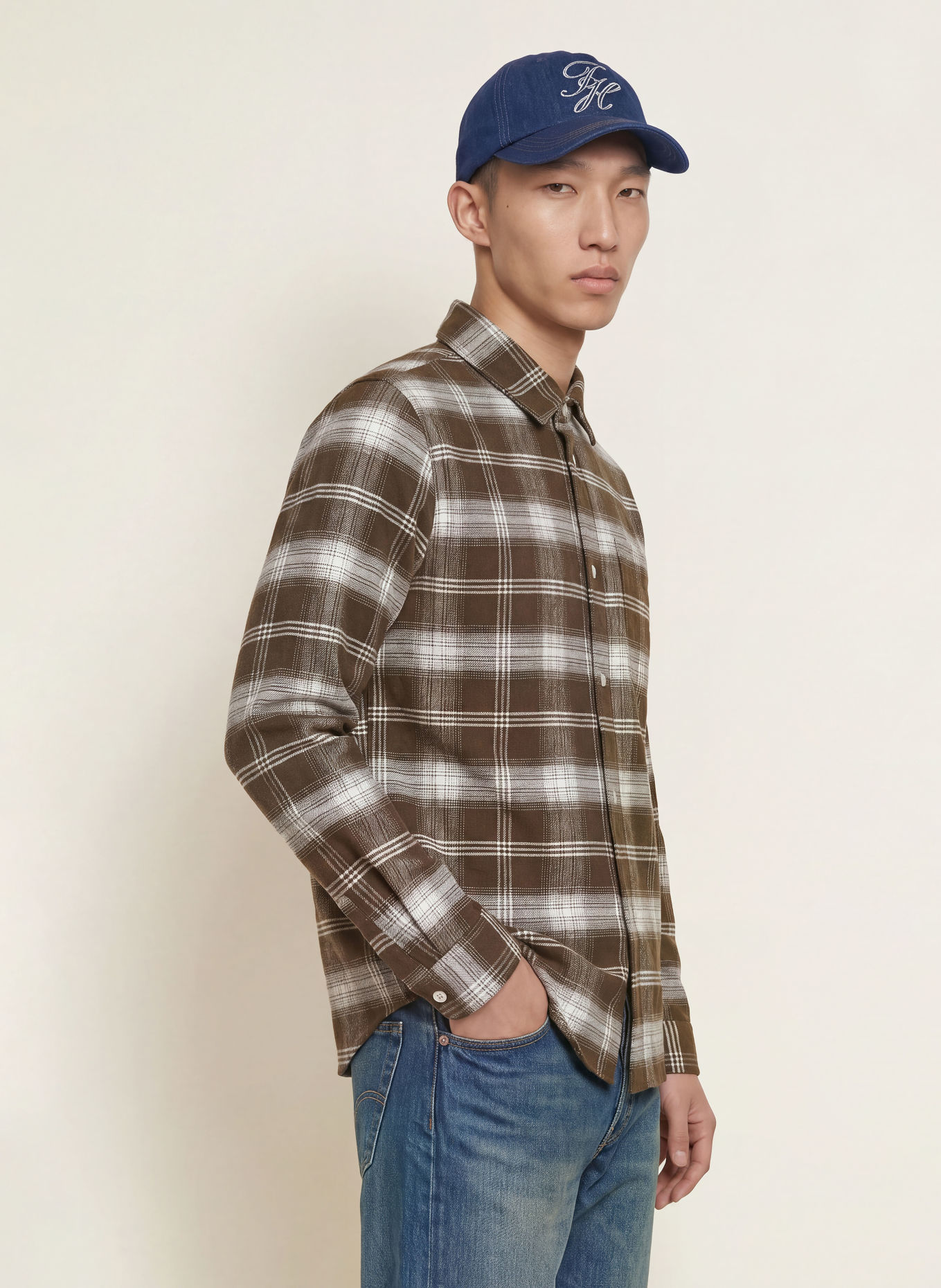 LES DEUX Flanellen overhemd Comfort Fit: MARRON FONCÉ / WIT
