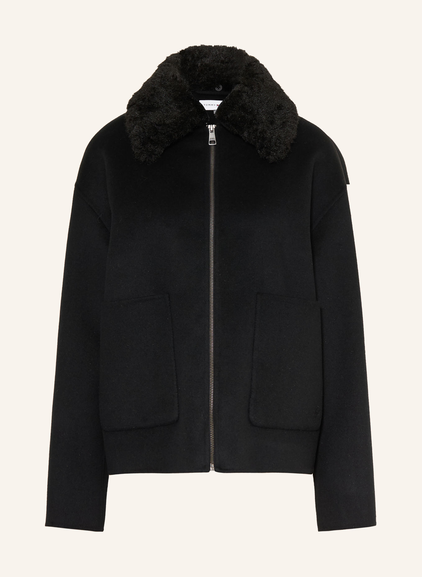TOMMY HILFIGER Boxy jacket with a detachable faux fur collar: BLACK