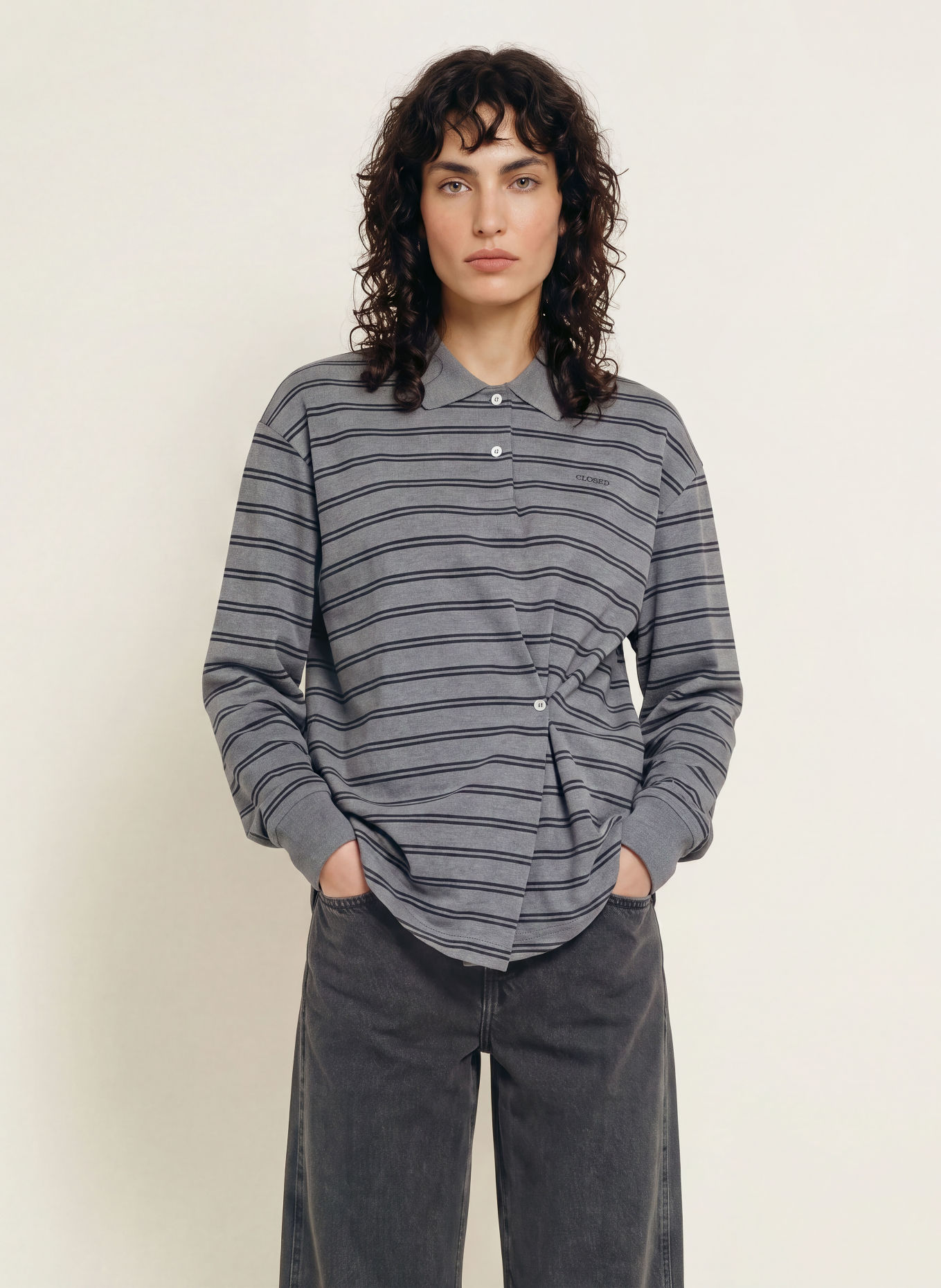 CLOSED Jersey-Poloshirt: GRAU / SCHWARZ