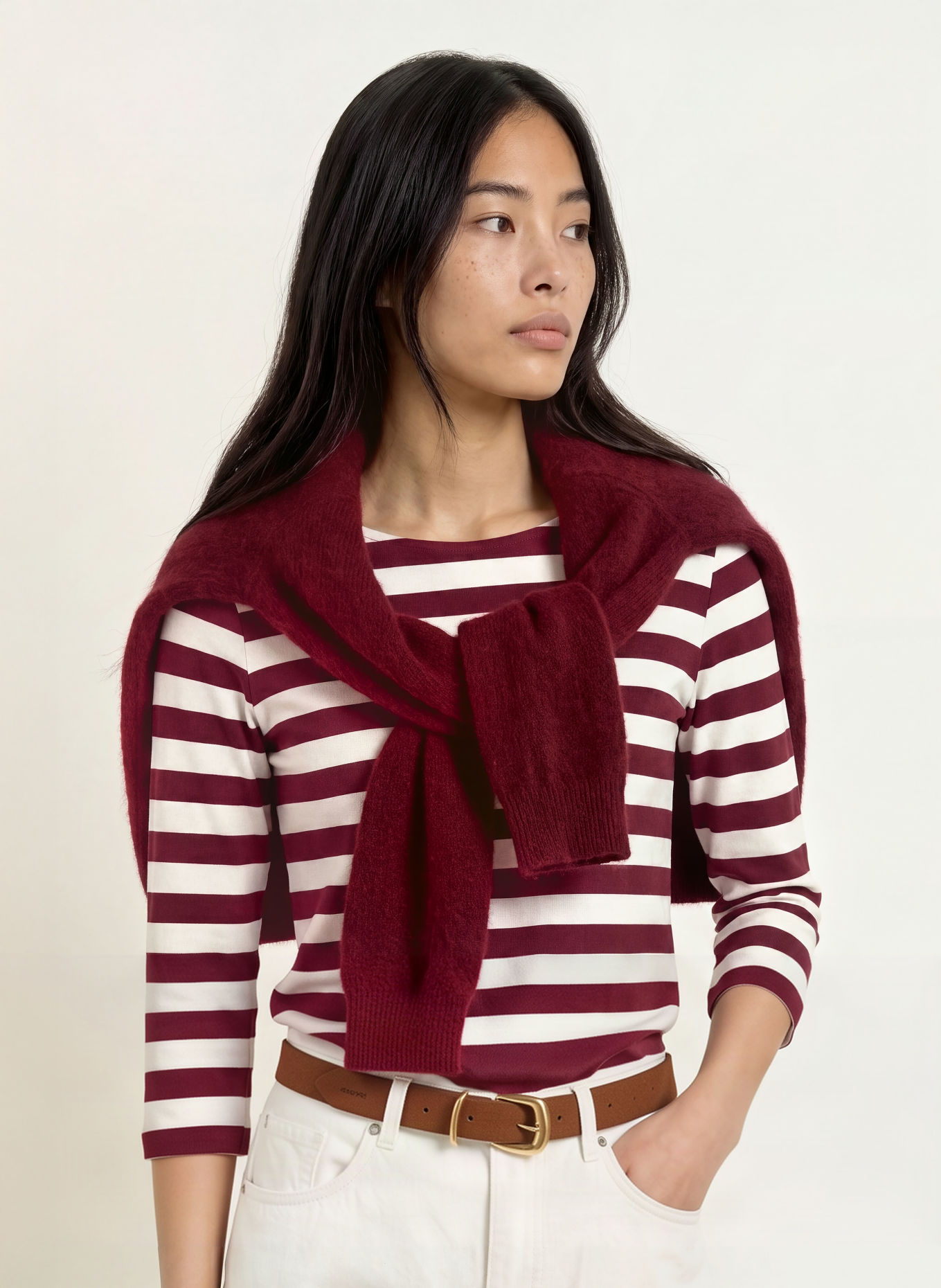 MORE & MORE Shirt mit 3/4-Arm: DUNKELROT / WEISS