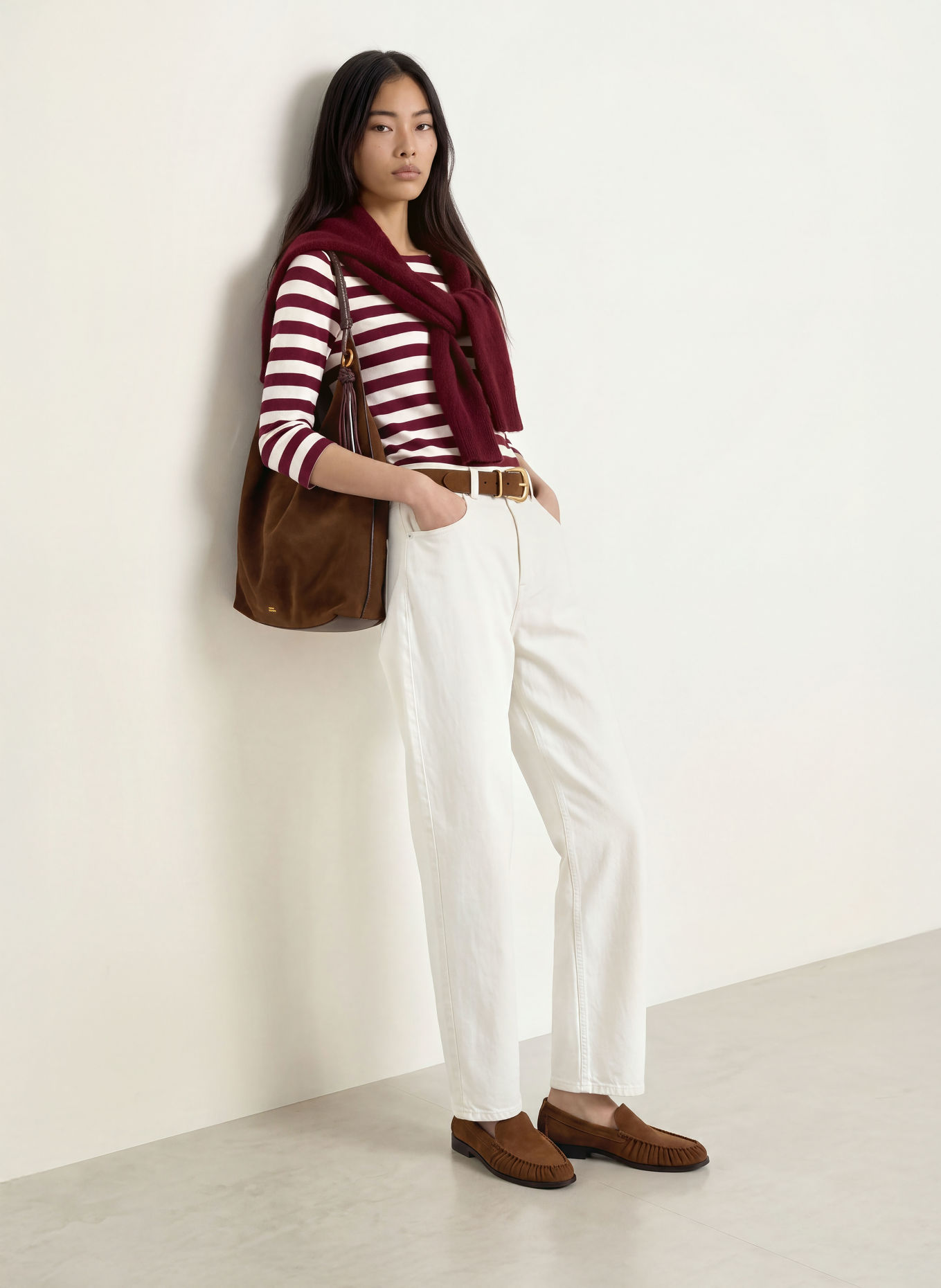 MORE & MORE Shirt mit 3/4-Arm: DUNKELROT / WEISS