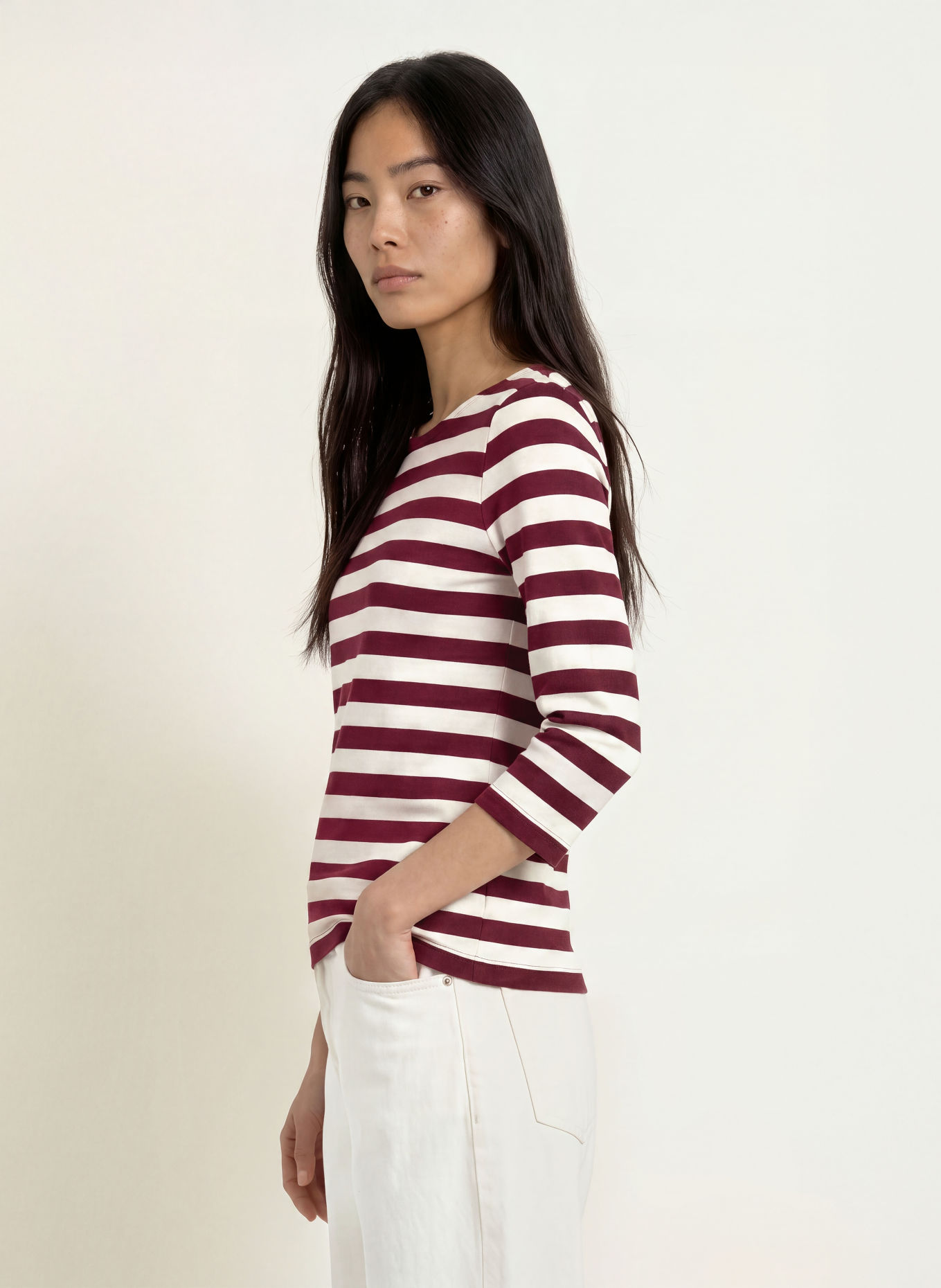 MORE & MORE Shirt mit 3/4-Arm: DUNKELROT / WEISS