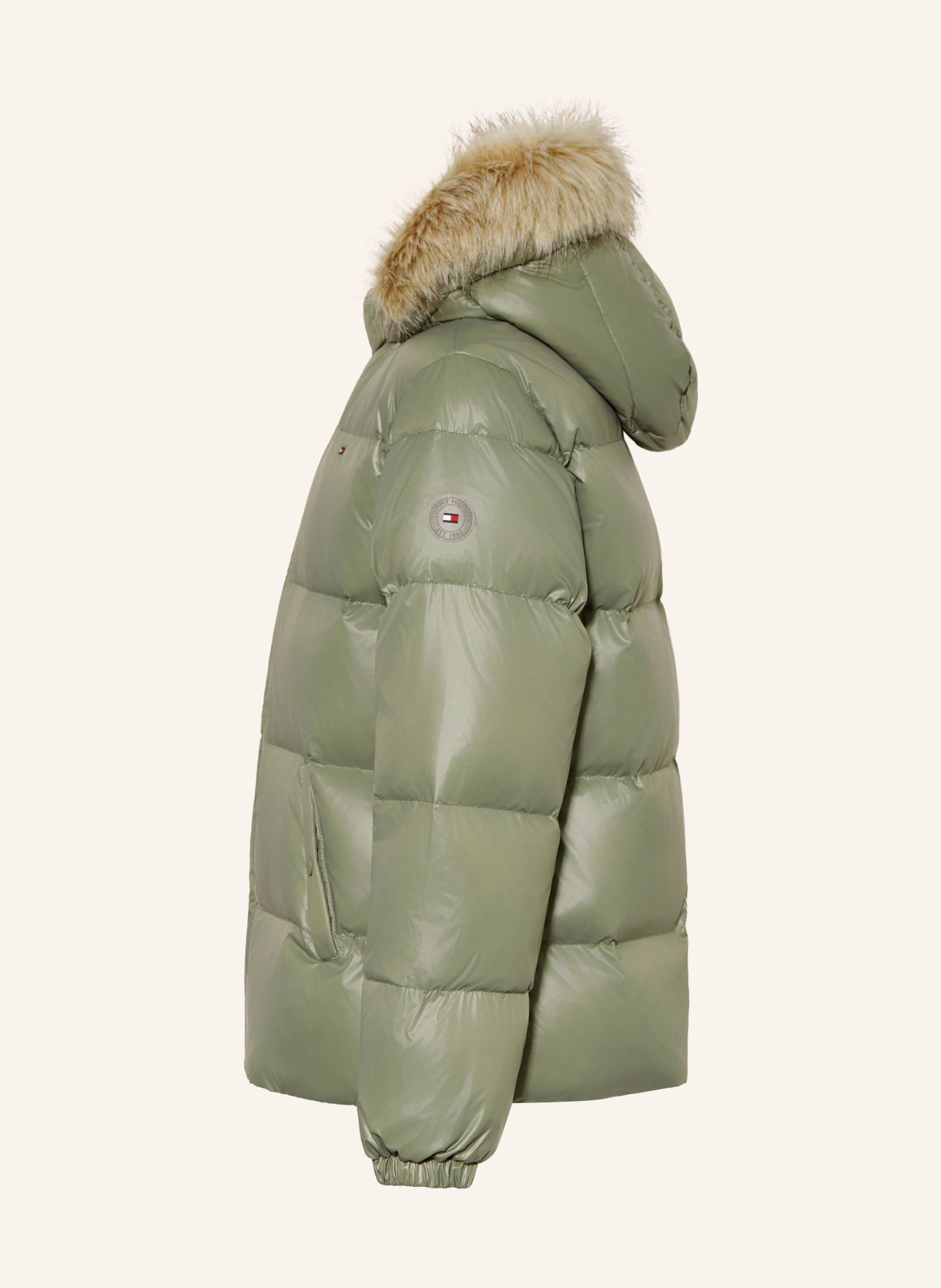 TOMMY HILFIGER Donsjas met kunstbont: MINT / BEIGE
