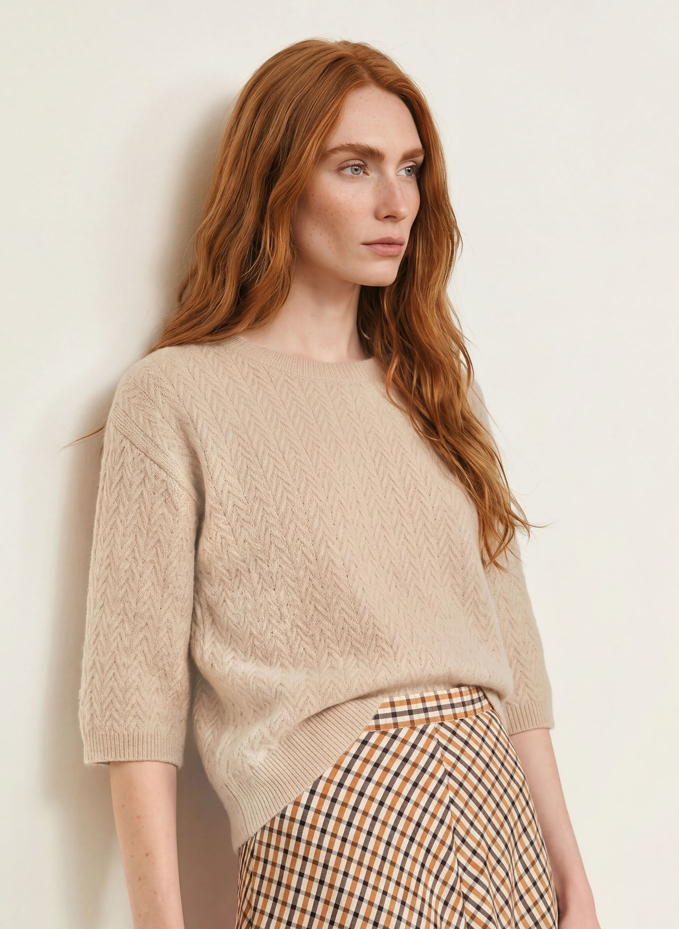 MORE & MORE Gebreid shirt met 3/4-mouwen: BEIGE