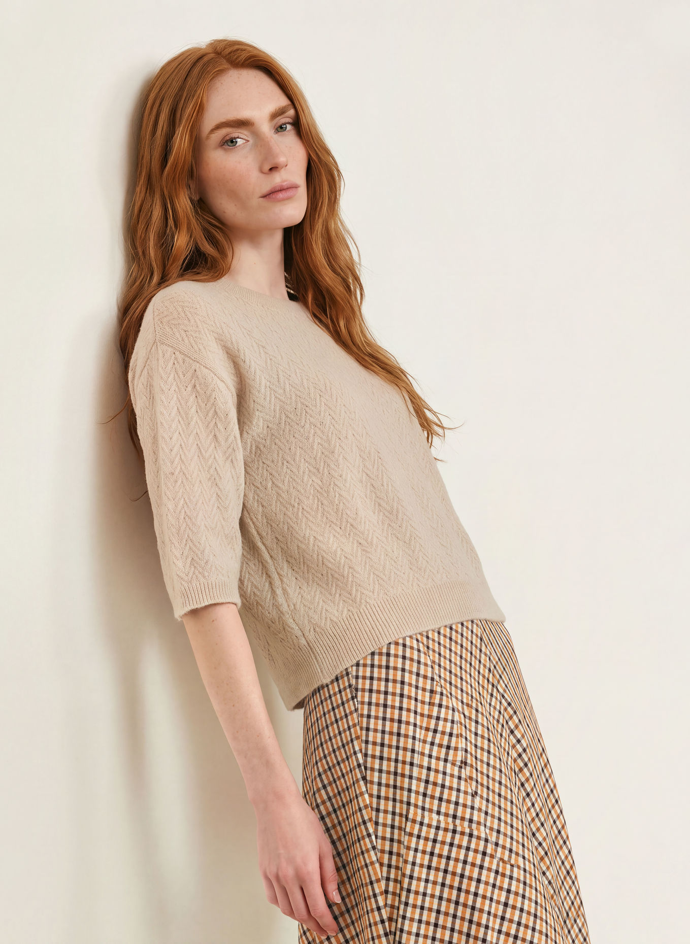 MORE & MORE Gebreid shirt met 3/4-mouwen: BEIGE