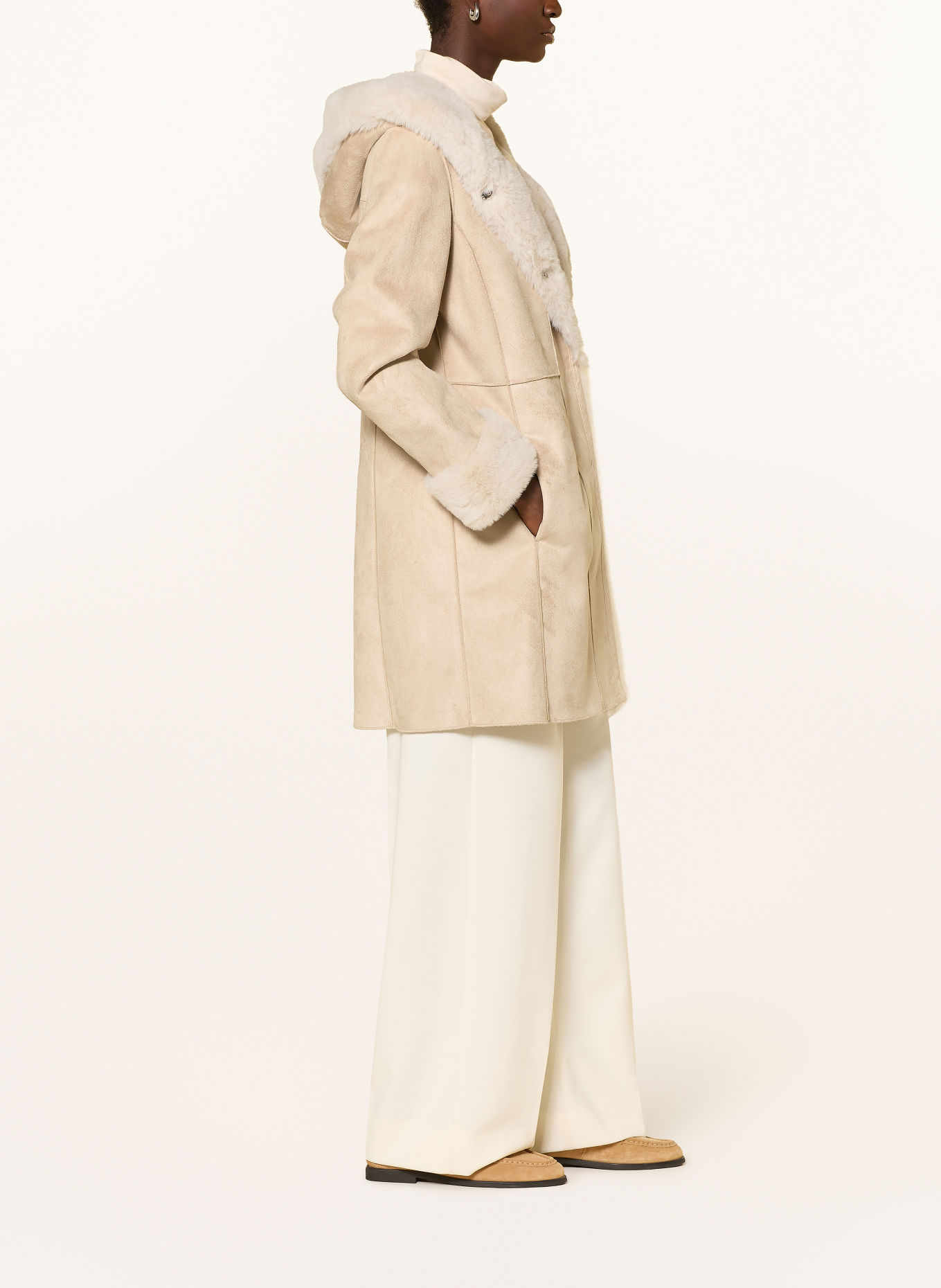 MILESTONE Manteau MSOFELIA aspect cuir avec fourrure synthétique: BEIGE / CRÈME